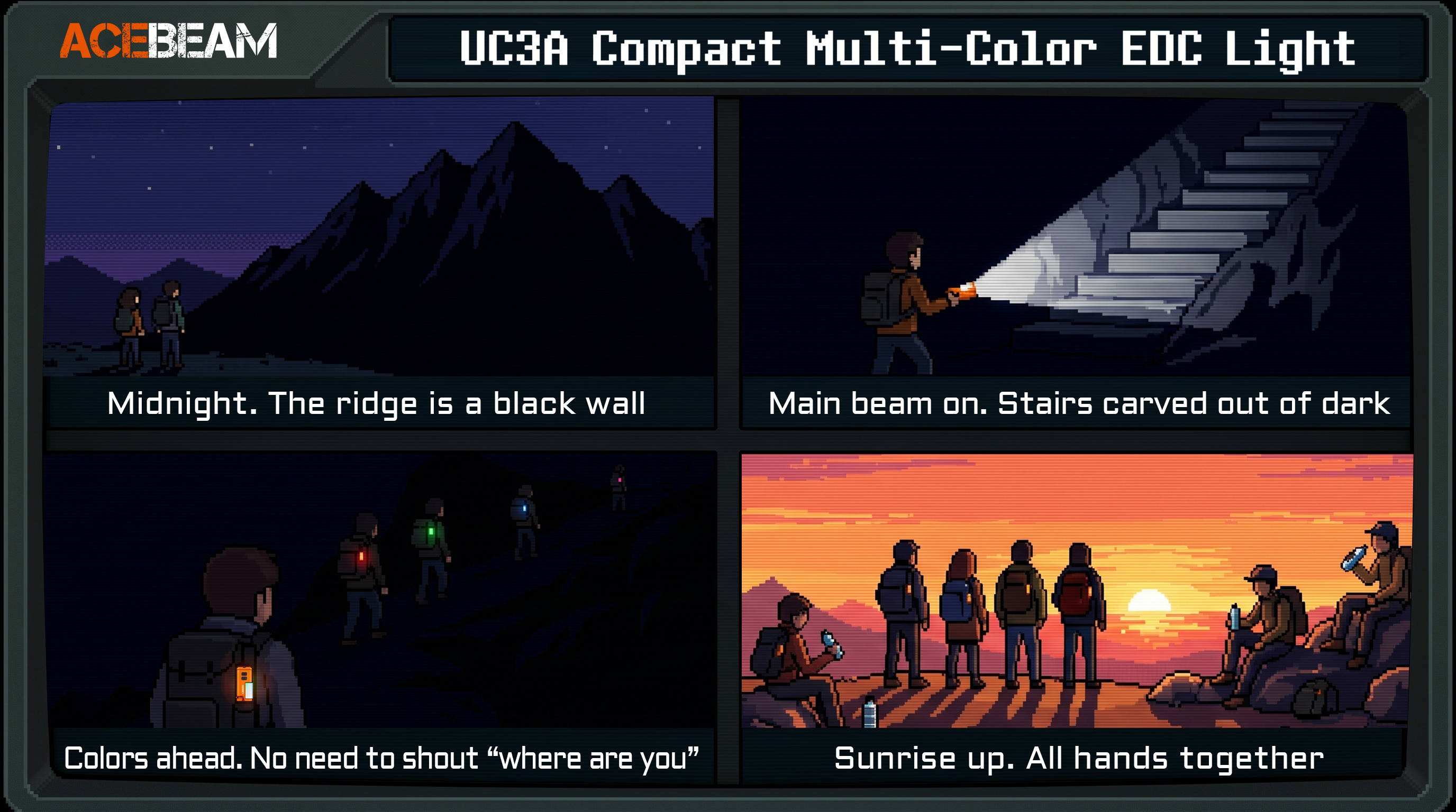 Night hiking - main beam illuminating stairs, colored lights for group identification