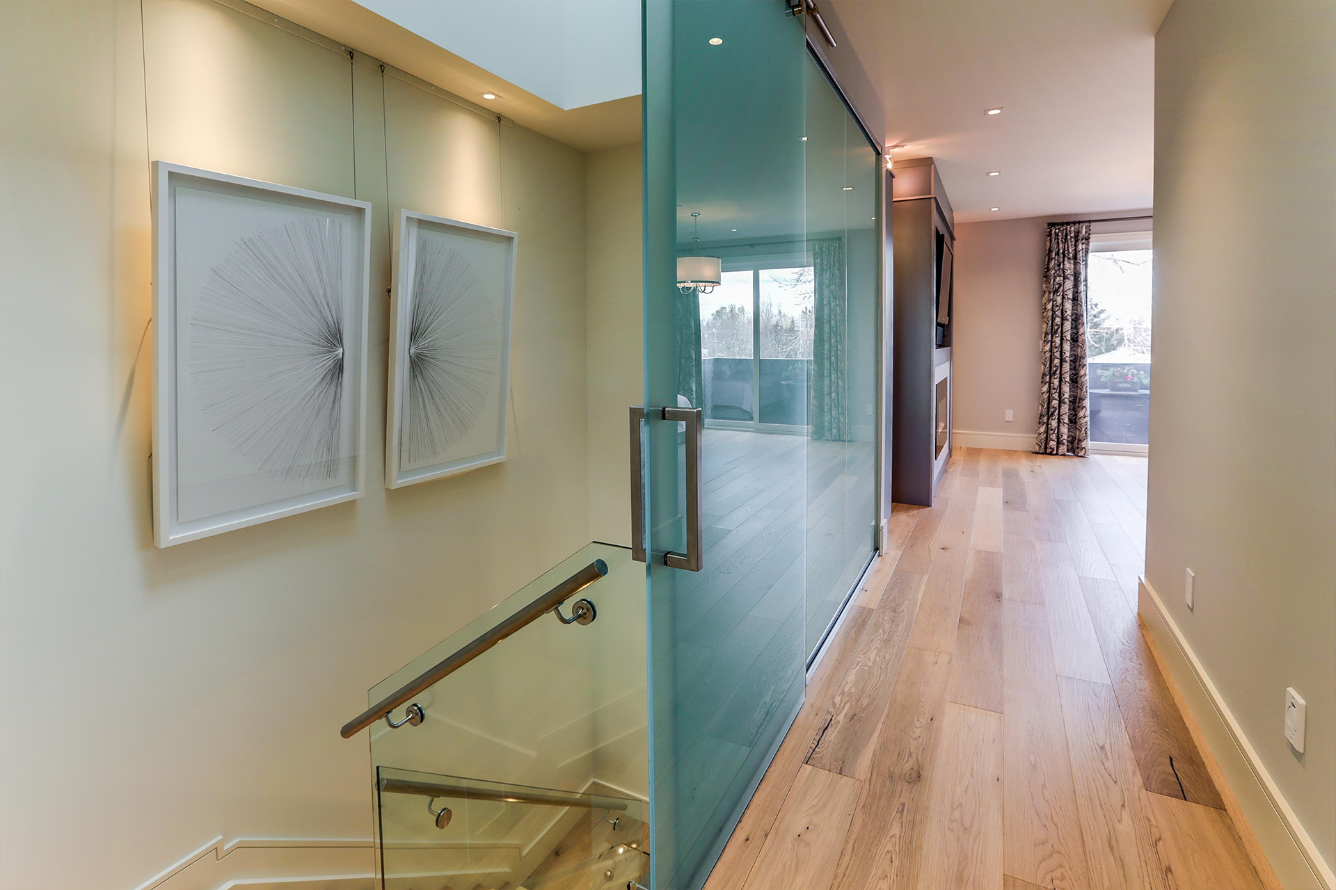 Contemporary hallway with glass shower enclosure