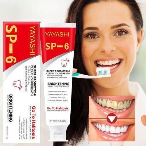 YAYASHI SP-6 whitening toothpaste showing before and after teeth results
