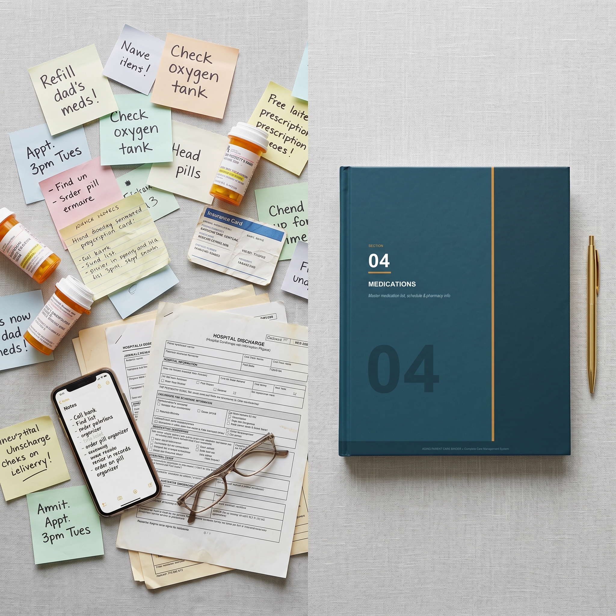 Chaotic desk with scattered sticky notes, medications, and papers contrasted with an organized care binder