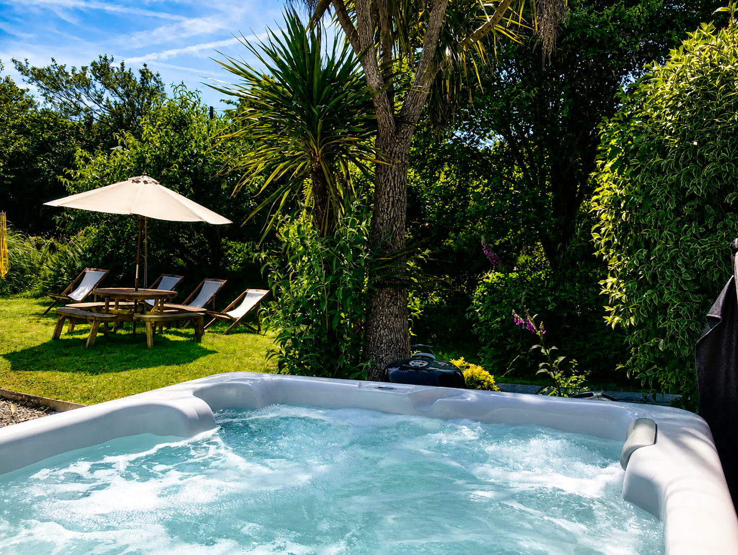Outdoor hot tub bubbling in a lush tropical garden with sun loungers and palm tree