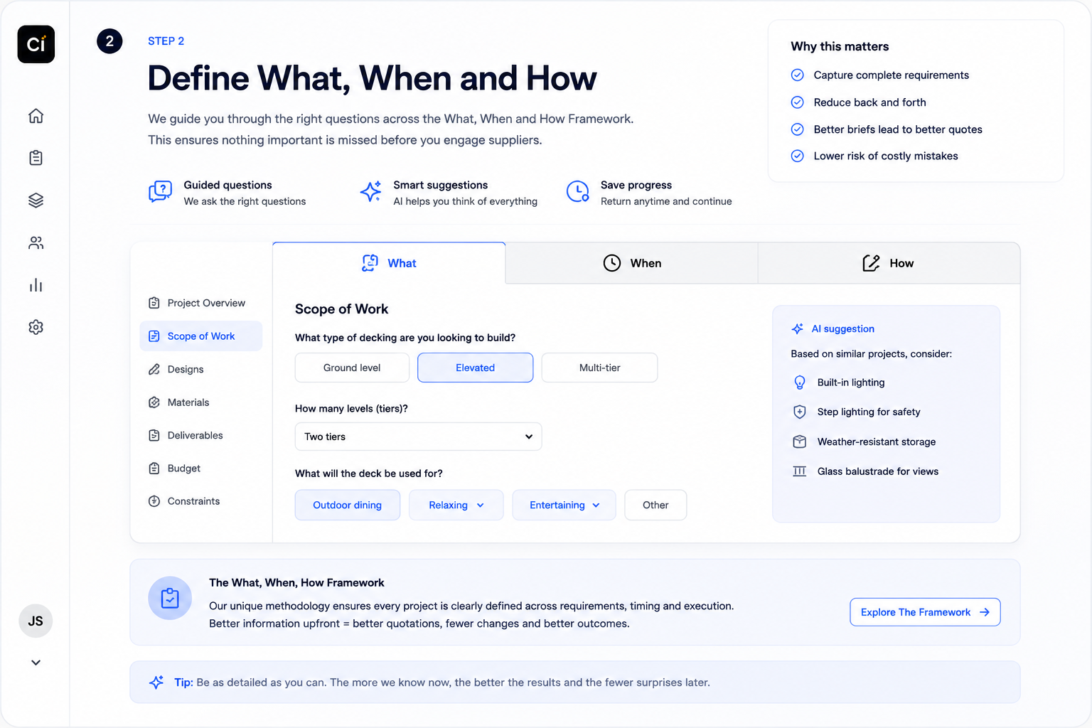 What When How Framework — guided questions across scope, timeline and delivery