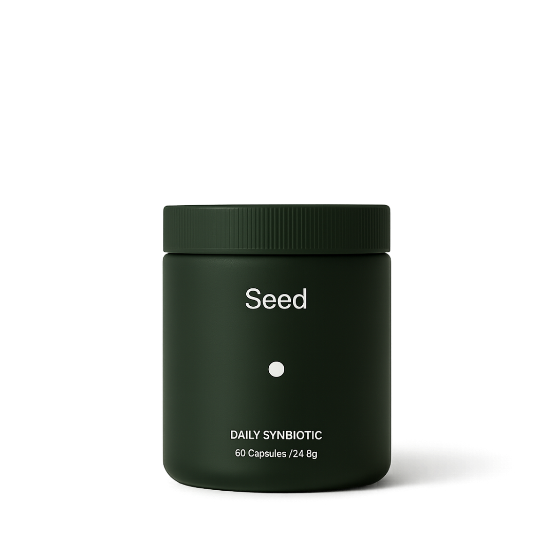 Seed Daily Synbiotic minimalist dark green capsule jar rendered three-quarter view