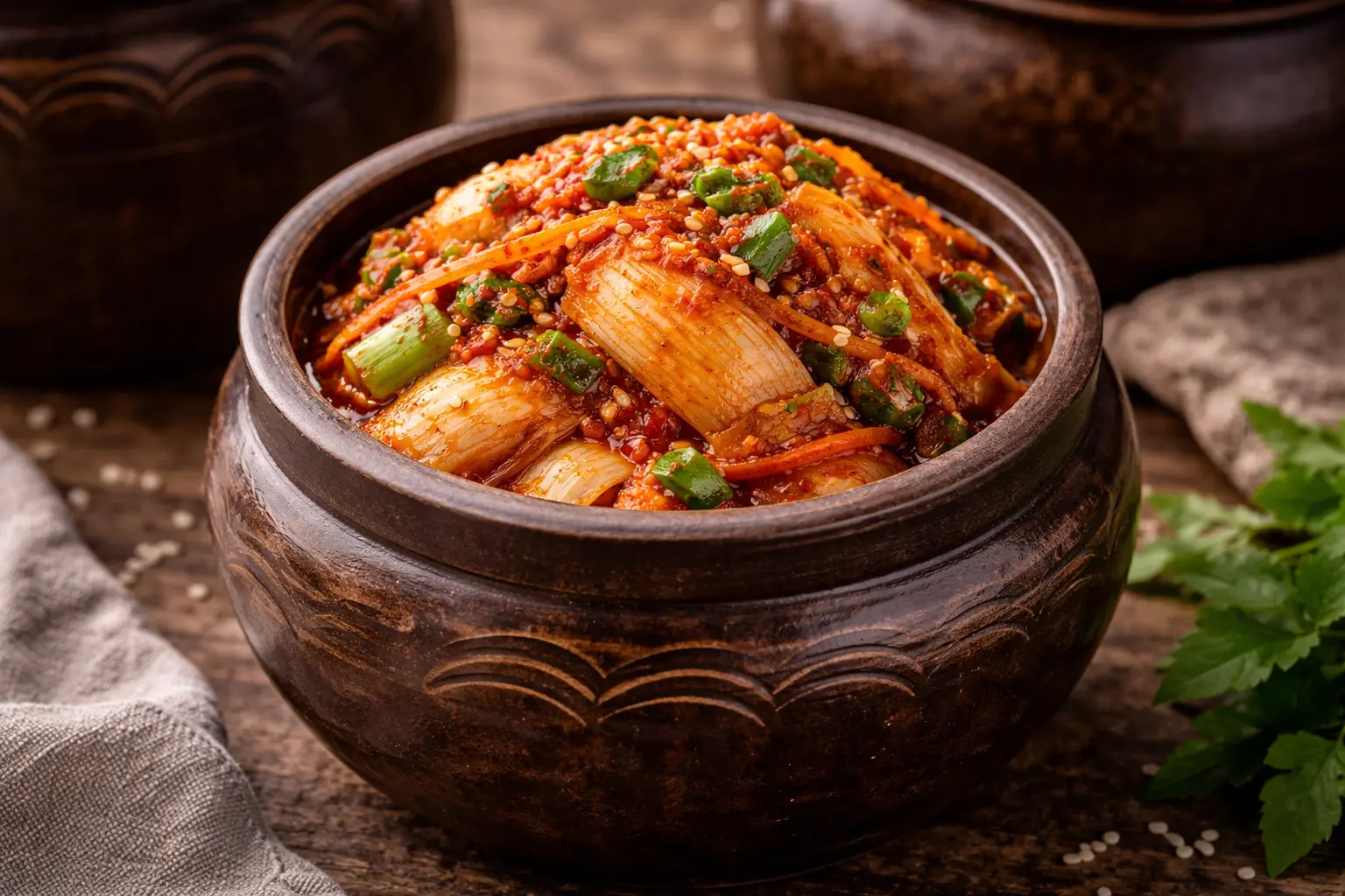 Gemaakte kimchi in keramische schaal met sesam en groene uien