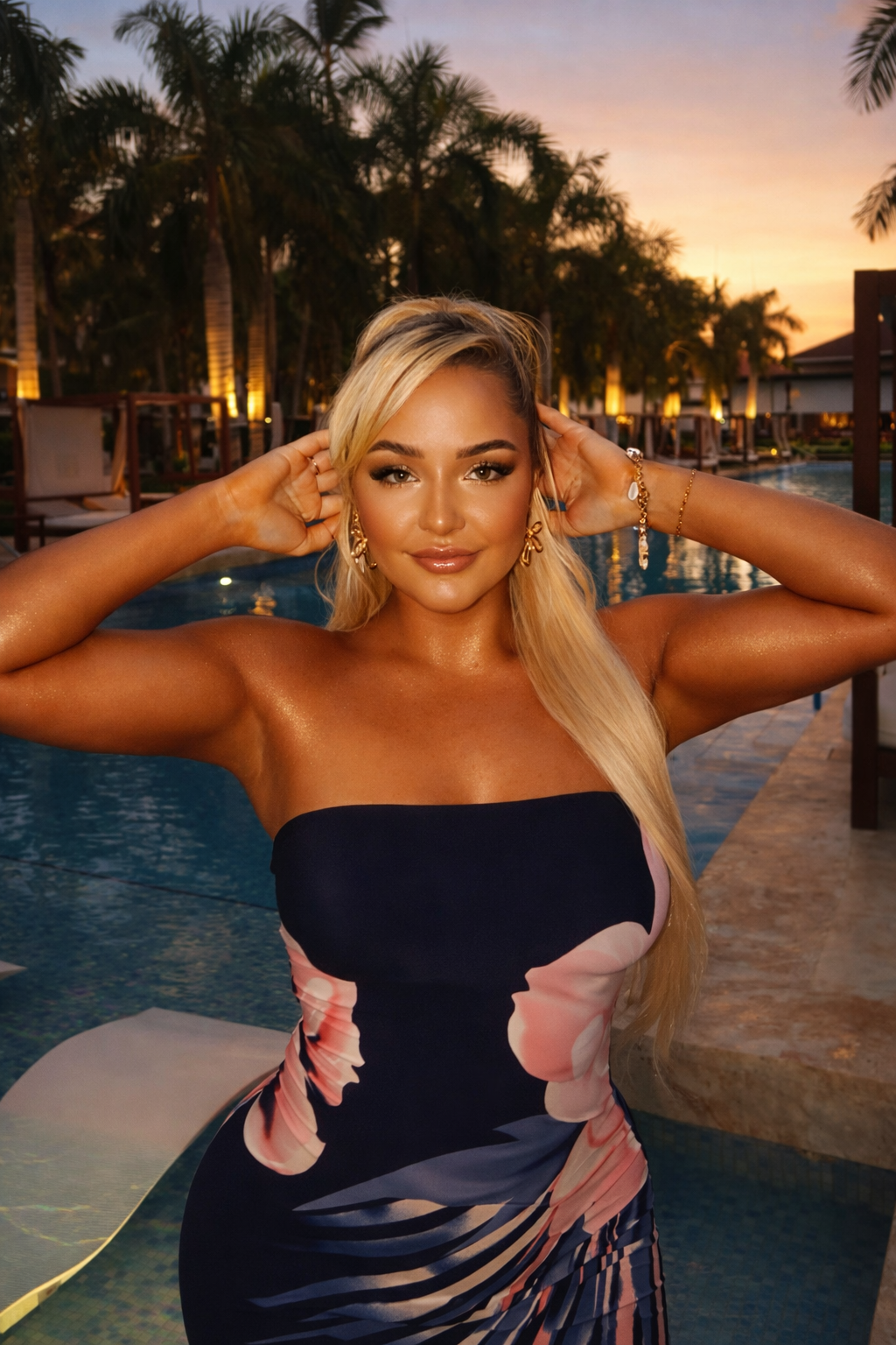 Sunset poolside glow in floral dress