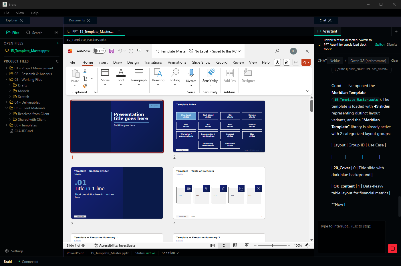 Braid OS reading the firm template master with 49 categorized layout variants