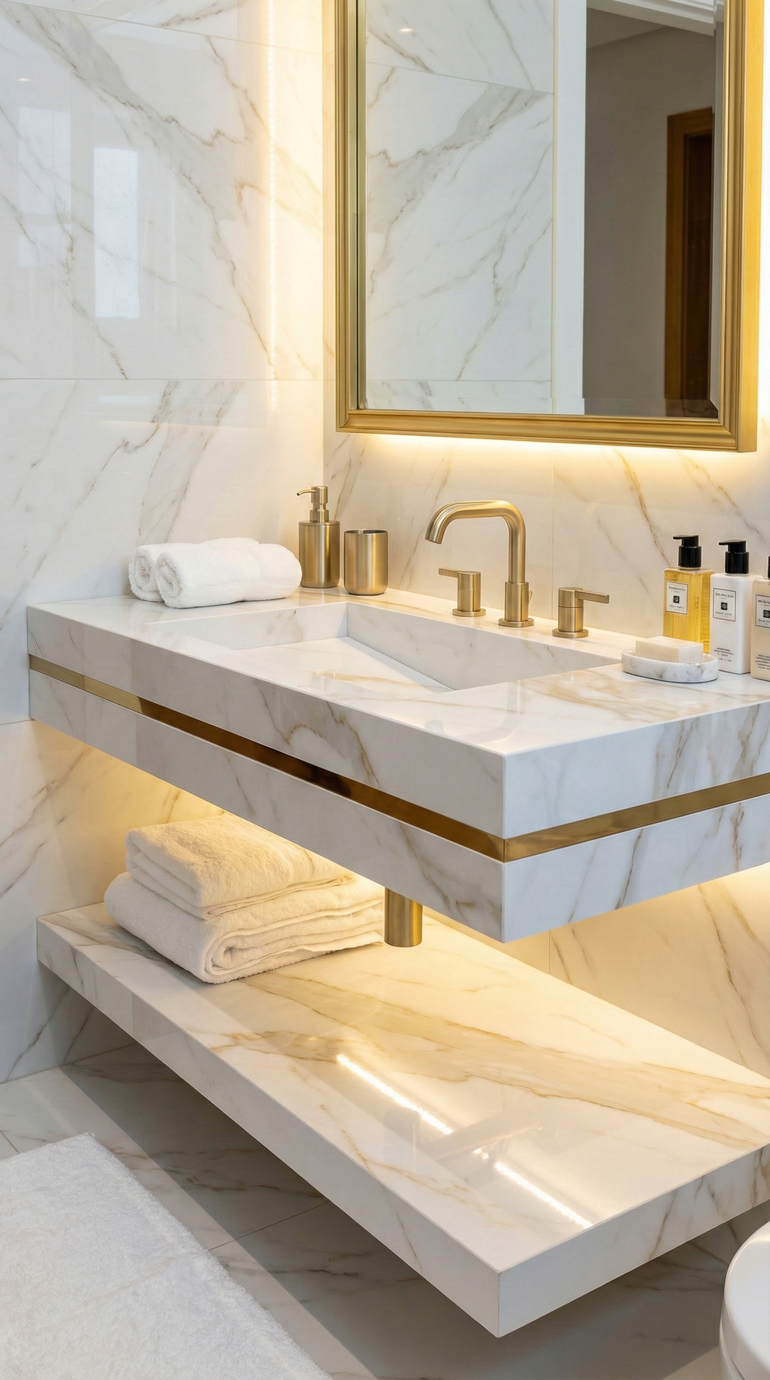 CALACATTA OR - Vasque flottante avec liseré laiton brossé