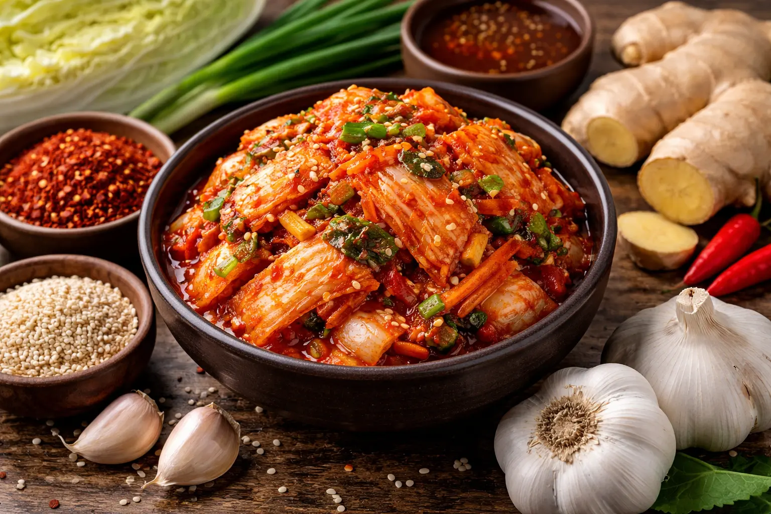kimchi ingrediënten uitgestald op een houten tafel met knoflook en gember