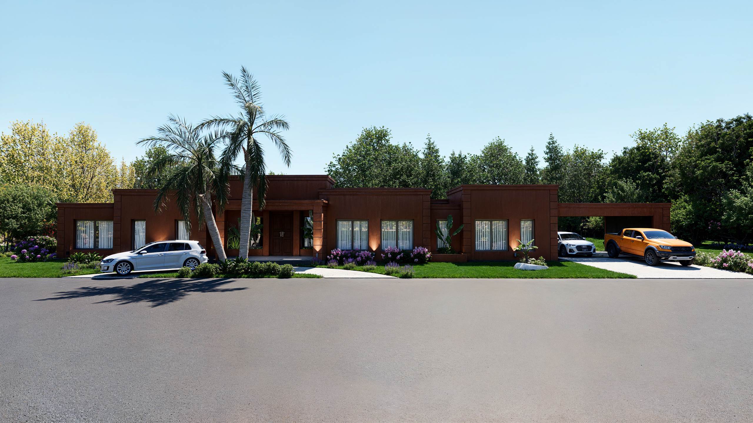 Vista frontal completa con muros de corten, ventanales y garaje