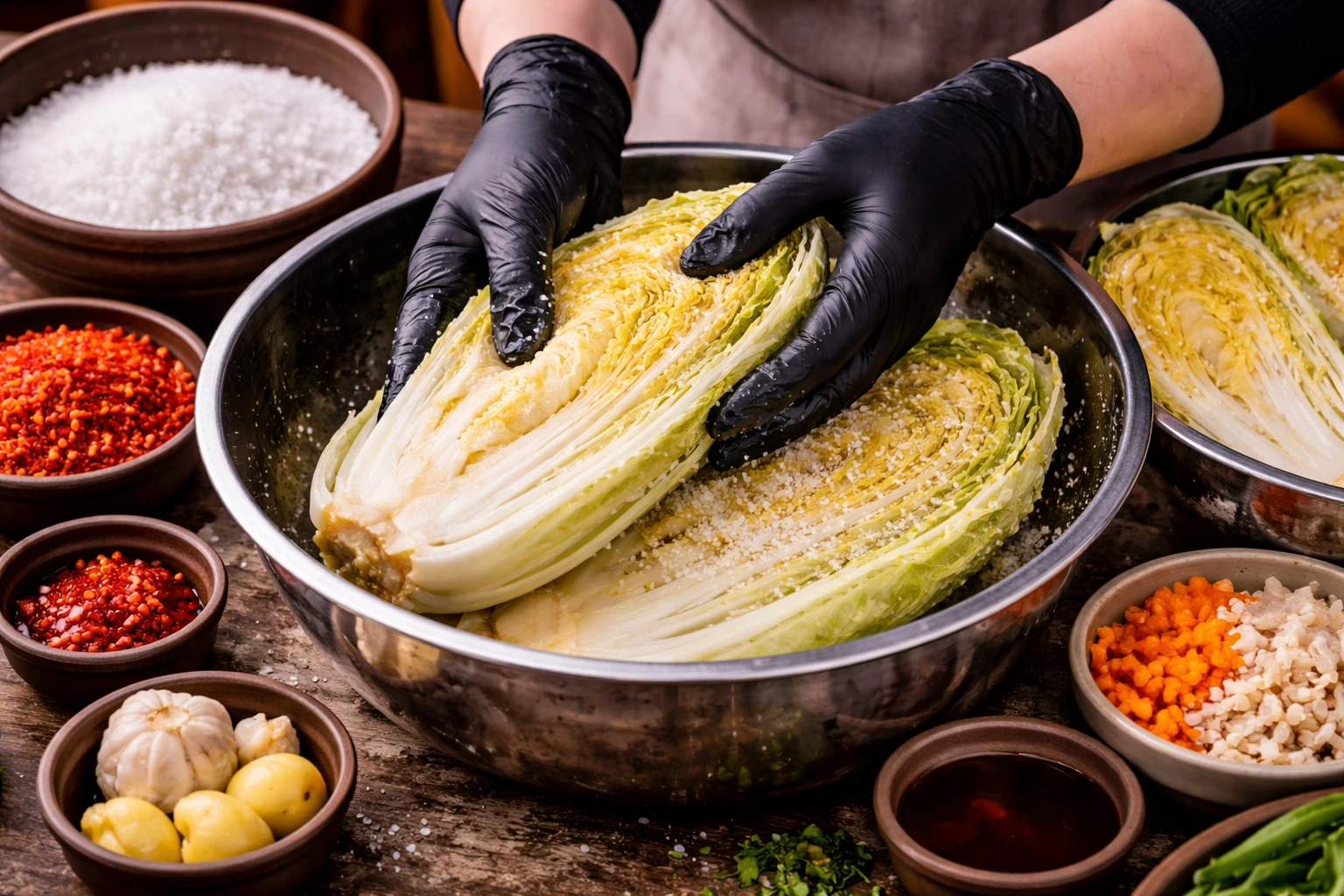 Chinese kool met zeezout bestrooid in een grote kom voor kimchi