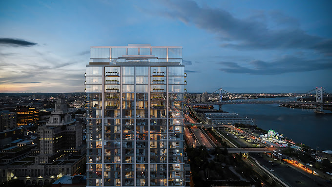 Modern office building at sunset