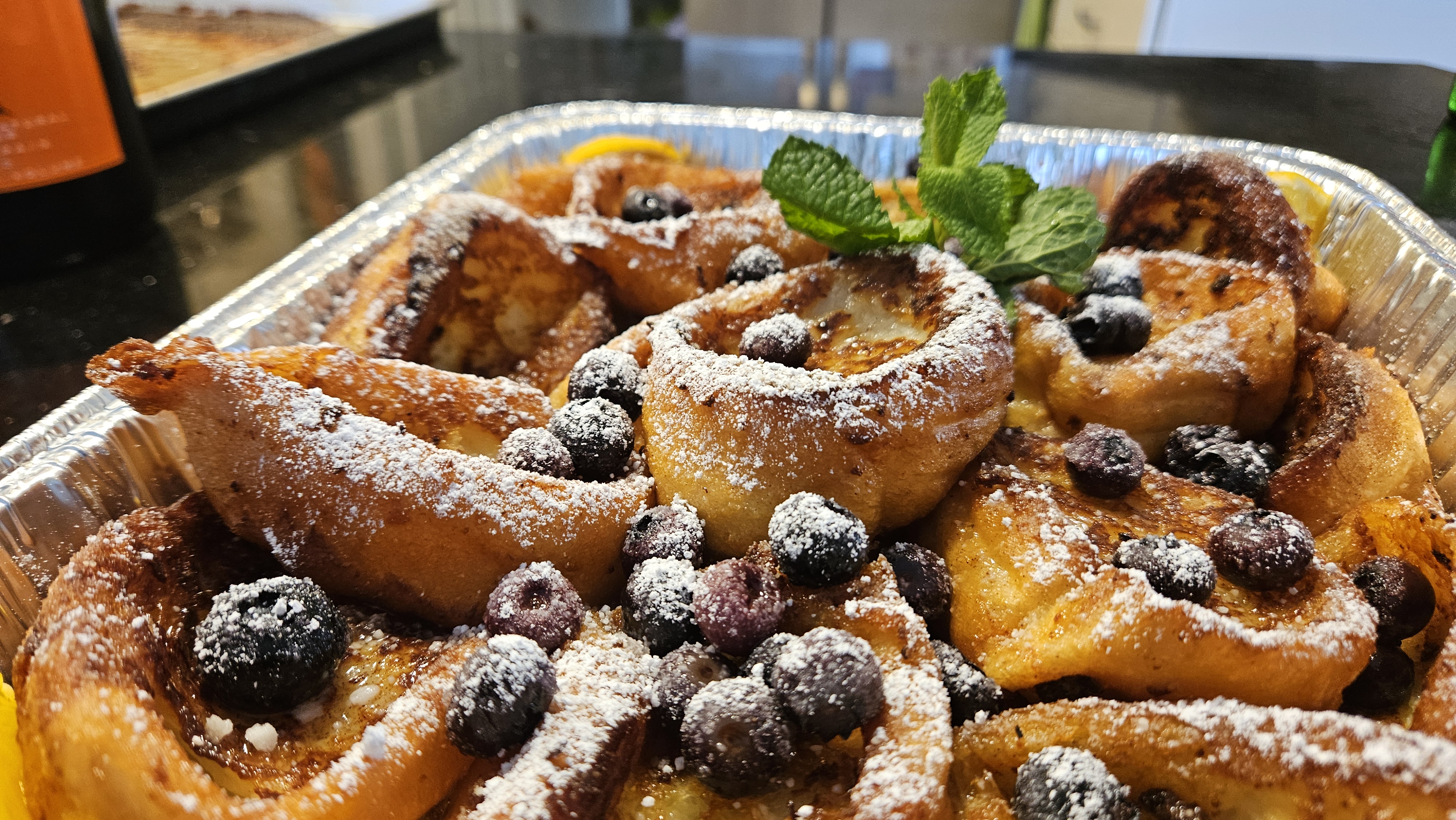 Blueberry French toast with powdered sugar