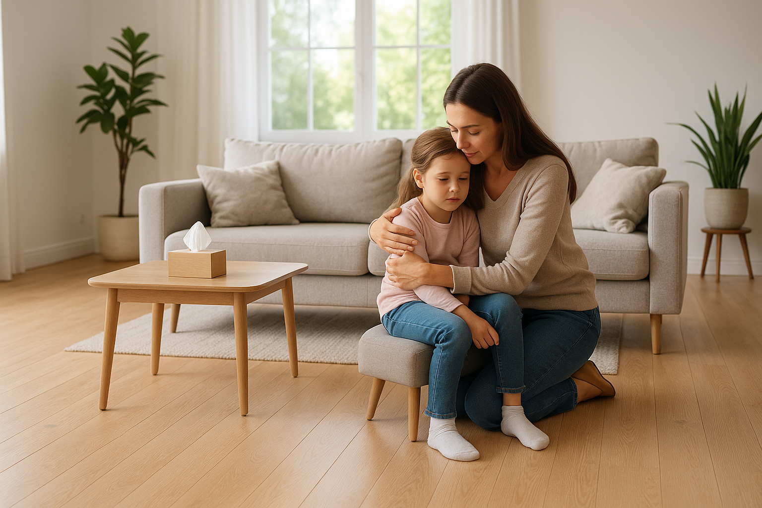 Mother comforting her daughter who is dealing with allergy symptoms in their bright, clean living room with hardwood flooring