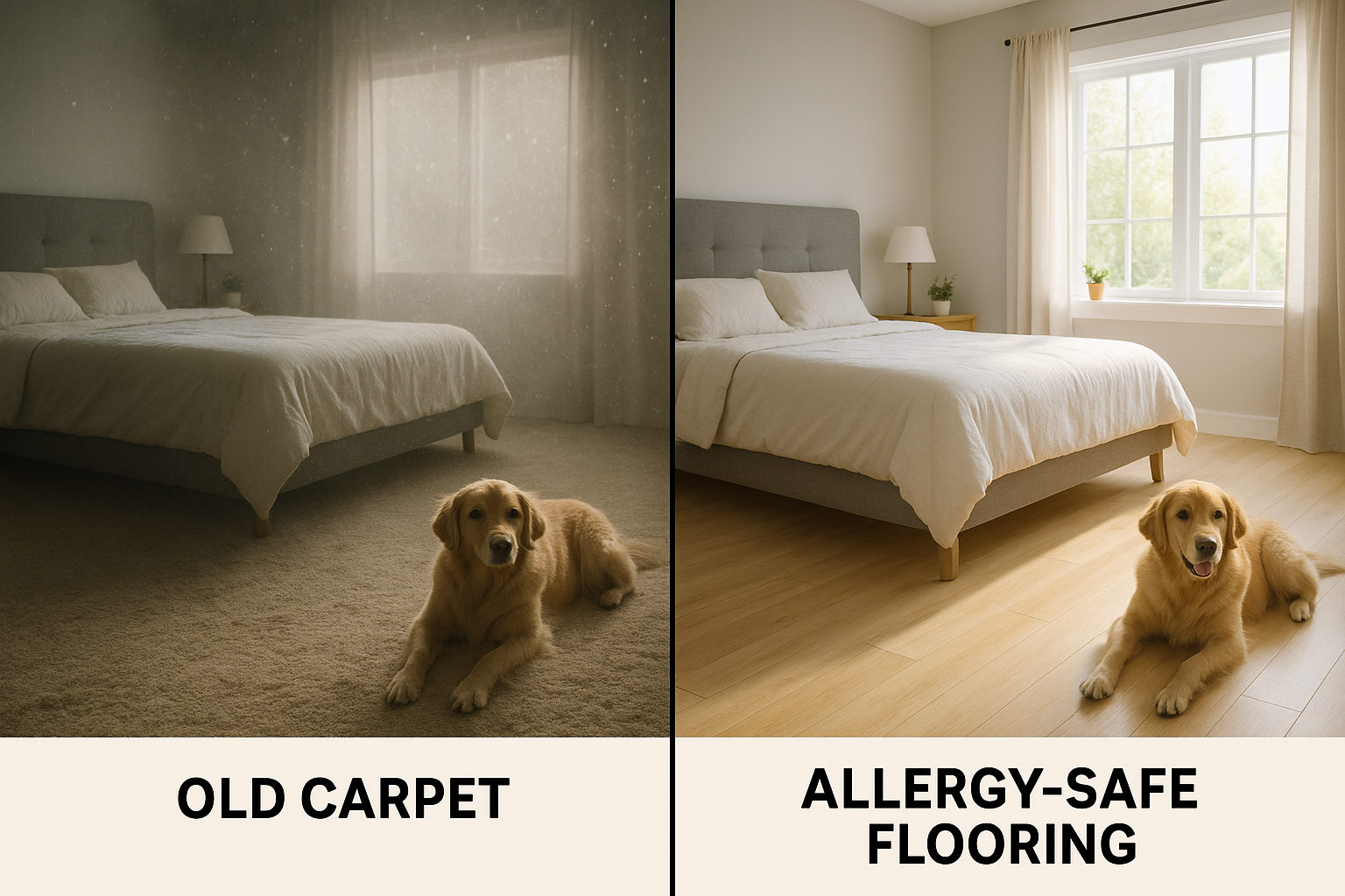 Side-by-side comparison showing the same bedroom with old carpet creating a dusty, unhealthy environment versus allergy-safe hardwood flooring creating a clean, bright space
