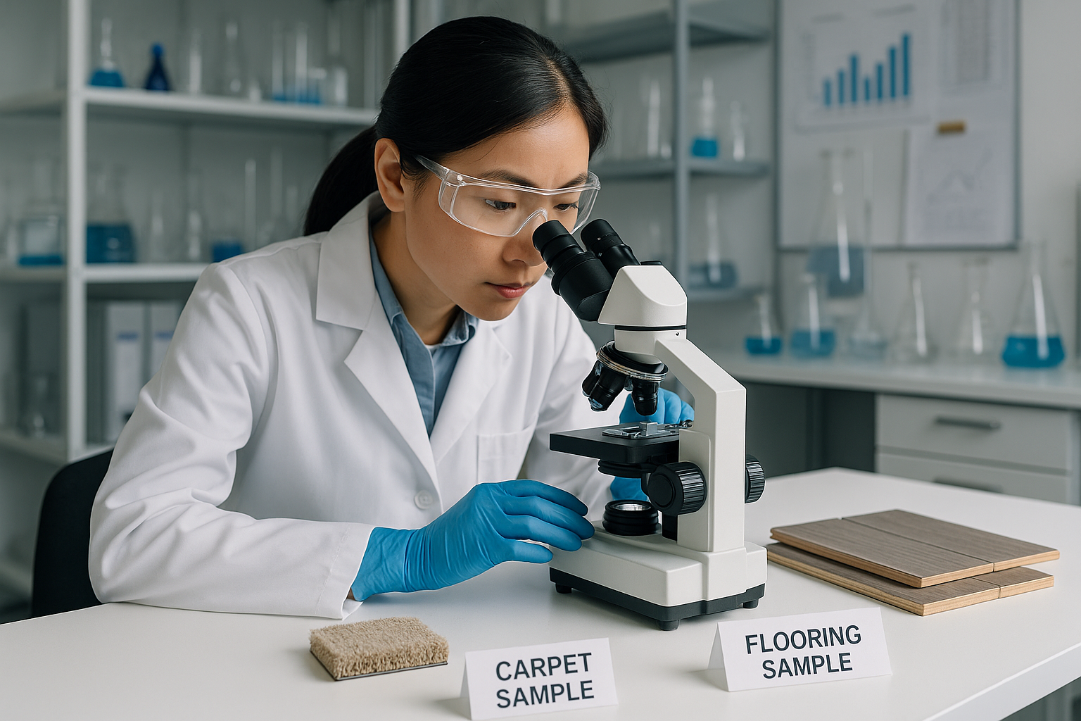 Dr. Sarah Chen in her laboratory examining carpet and flooring samples under a microscope