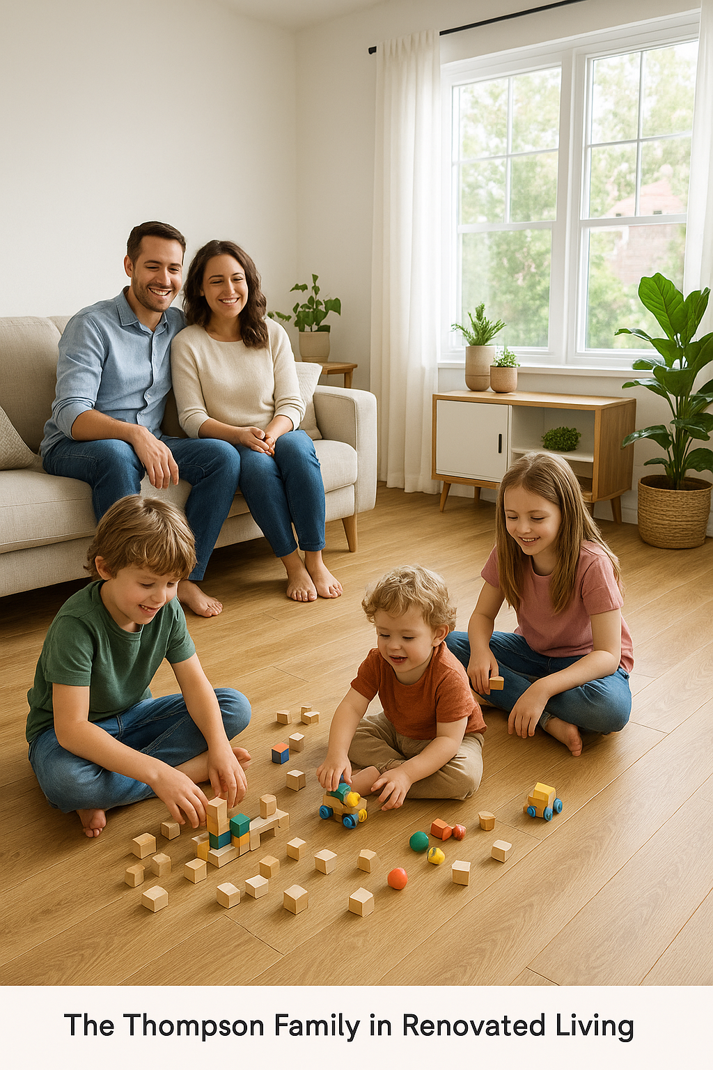 The Thompson family of five in their bright, renovated living room with clean hardwood flooring