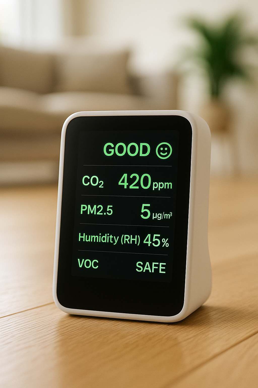 Modern air quality monitor displaying excellent readings showing good air quality after flooring renovation