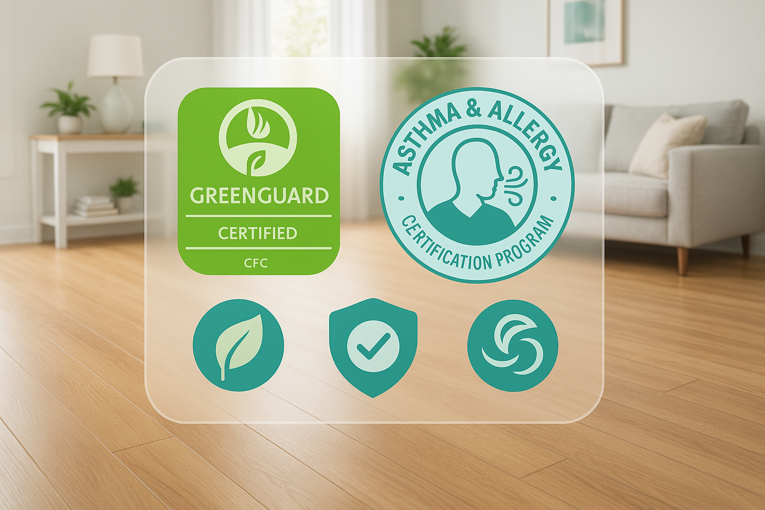 Modern living room displaying health and environmental certifications for allergy-safe flooring