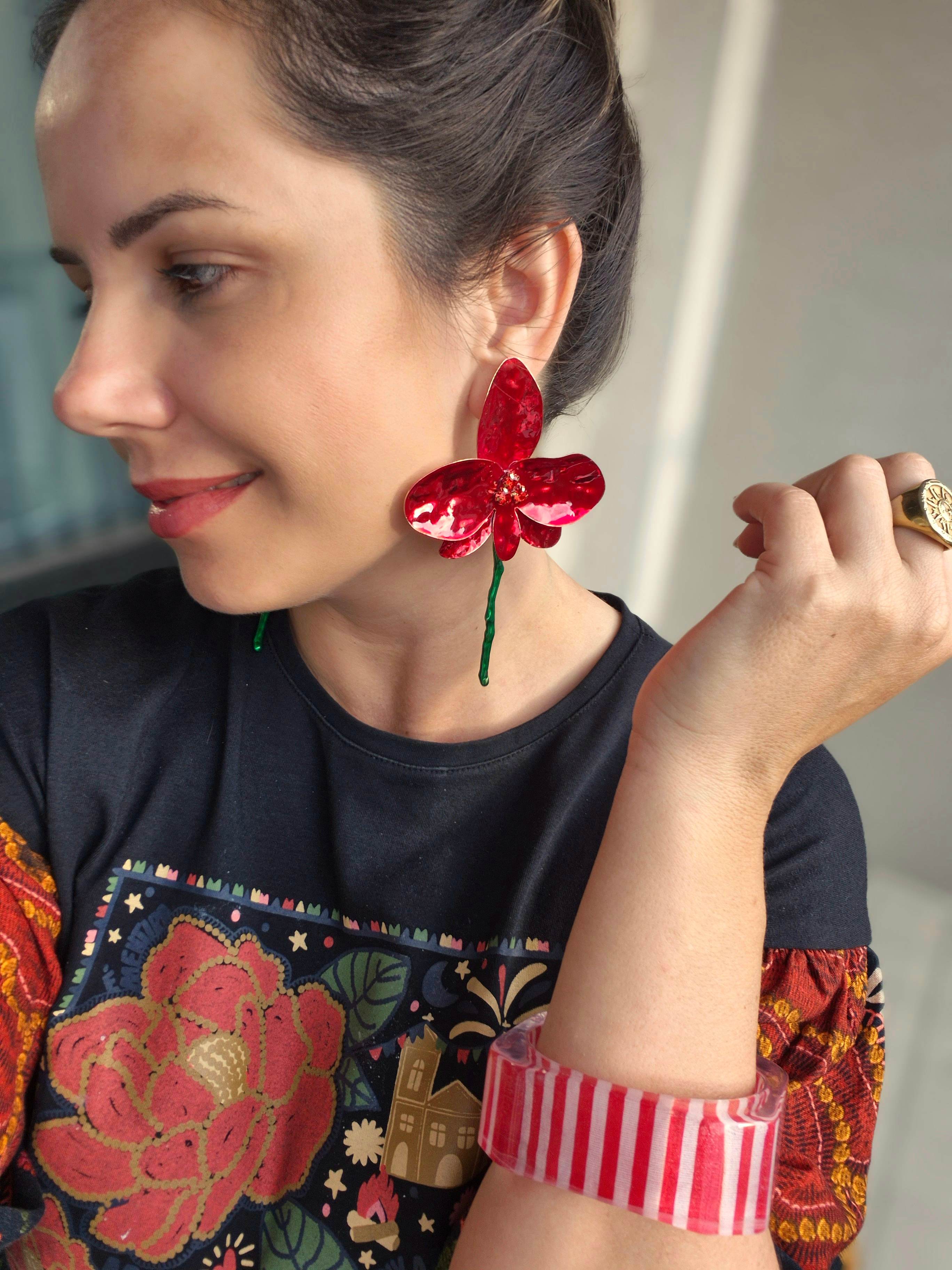 Brincos Flor Vermelha Brilho