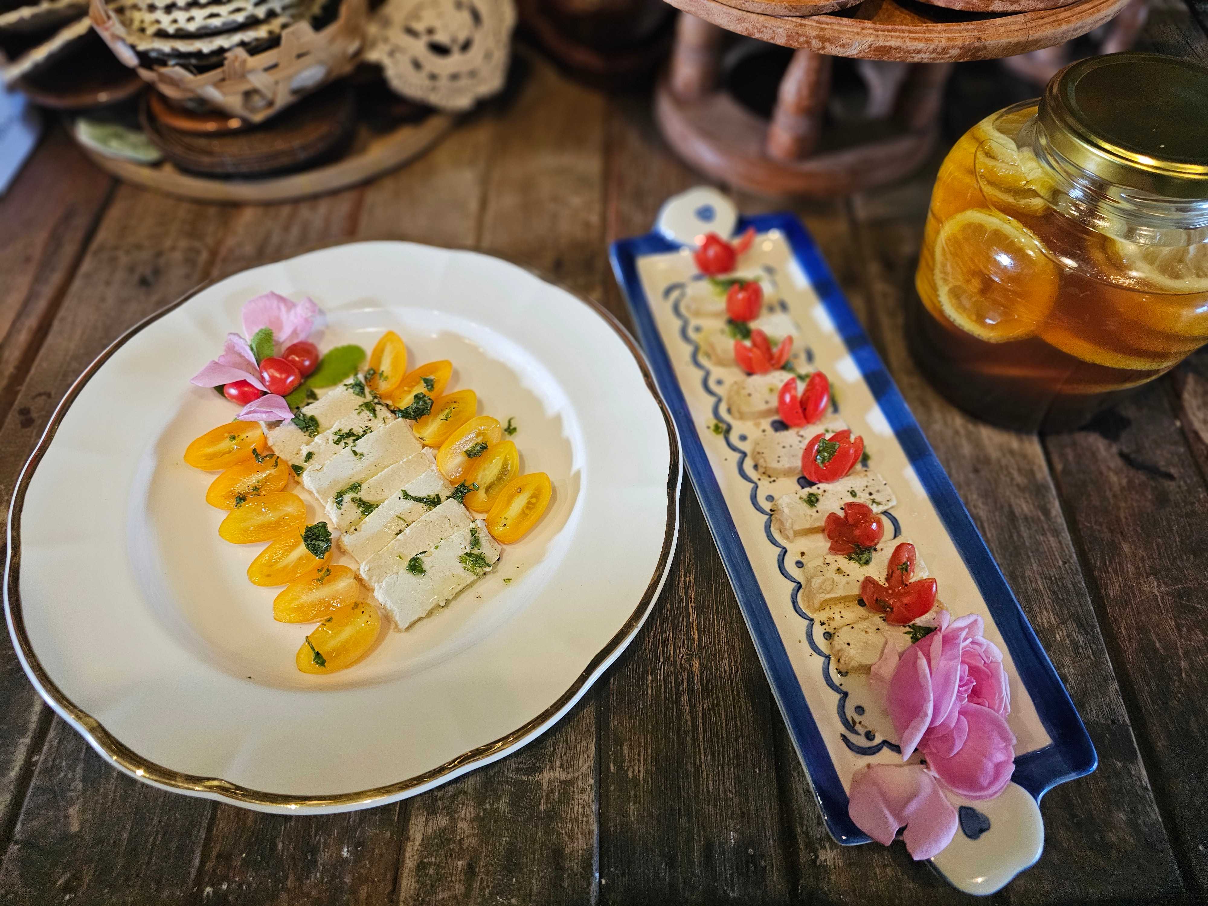 Tofu caprese with yellow tomatoes and honey citrus jar