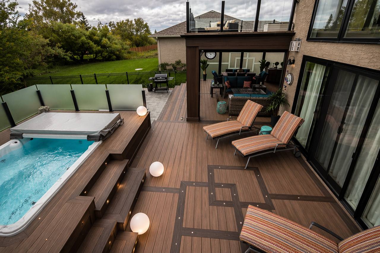 Luxury deck with swim spa, decorative inlay pattern, and ambient lighting