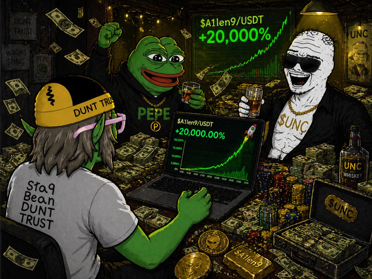 $A1len9 celebrates +20,000% gains with PEPE and $UNC