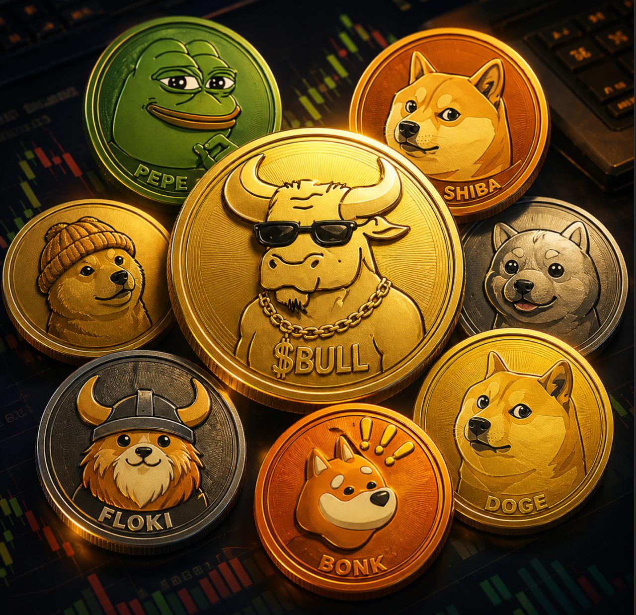 $BULL coin among other meme coins — PEPE, SHIBA, DOGE, FLOKI, BONK