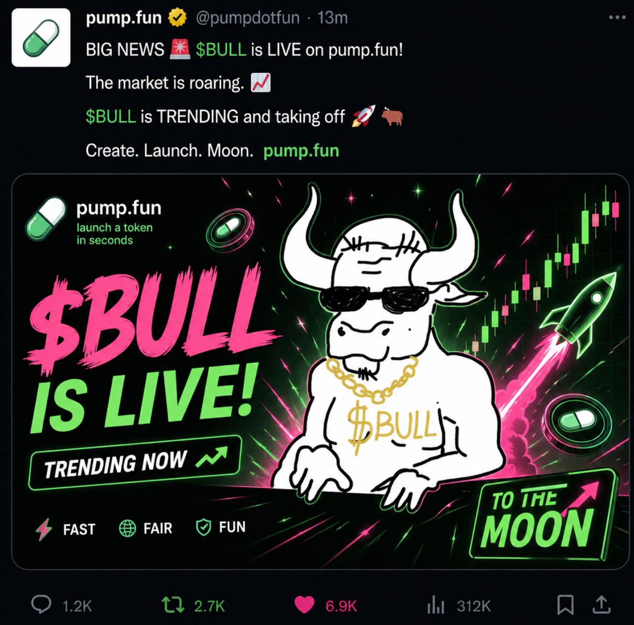 $BULL is LIVE on pump.fun - Trending now, to the moon!