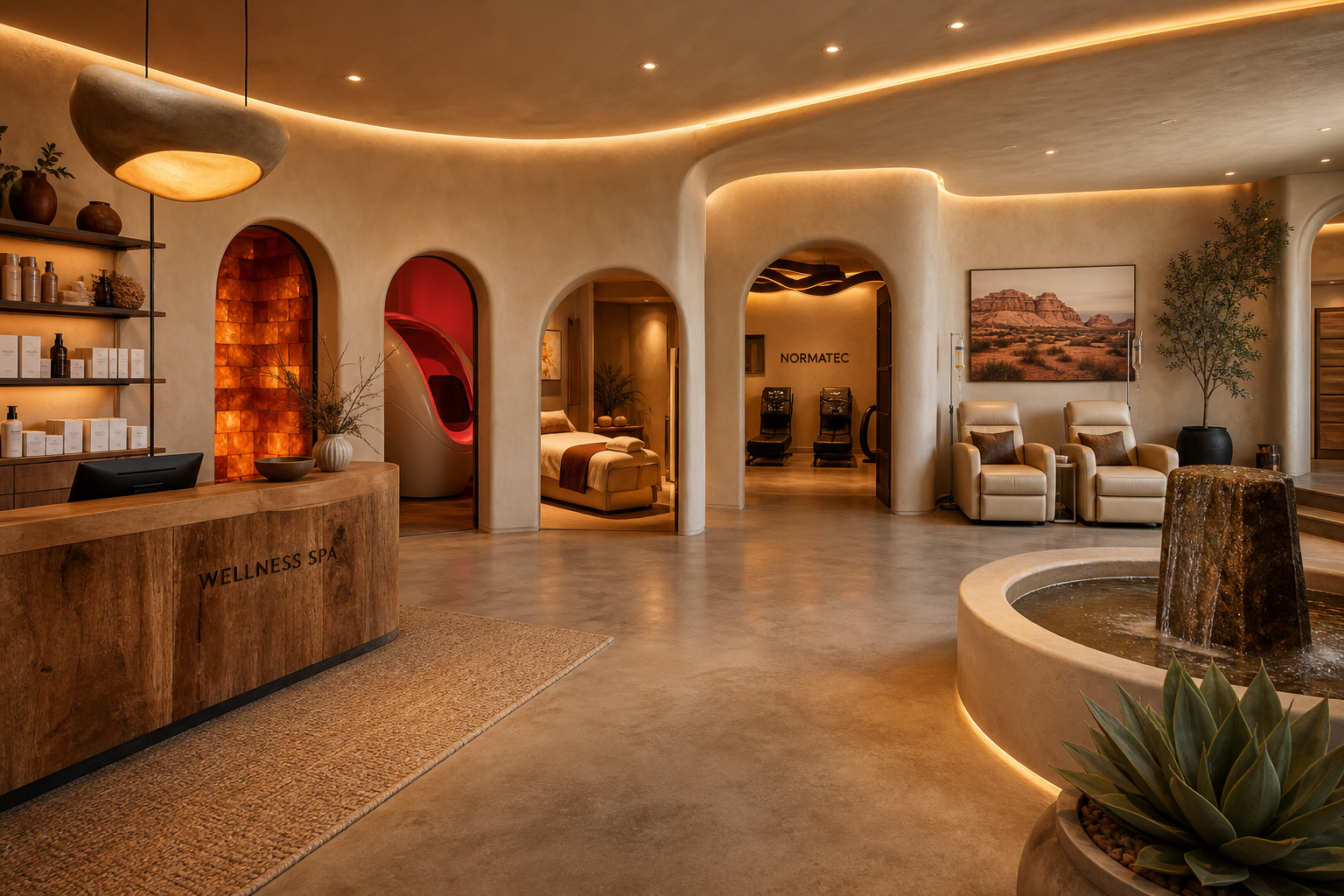 Indoor wellness spa rendering with Himalayan salt sauna, recovery pod, and treatment rooms