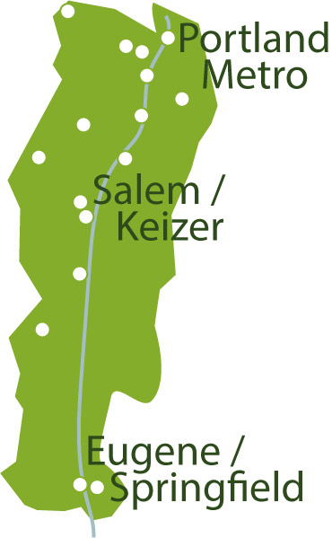 Willamette Valley service area map showing coverage from Portland Metro through Salem/Keizer to Eugene/Springfield