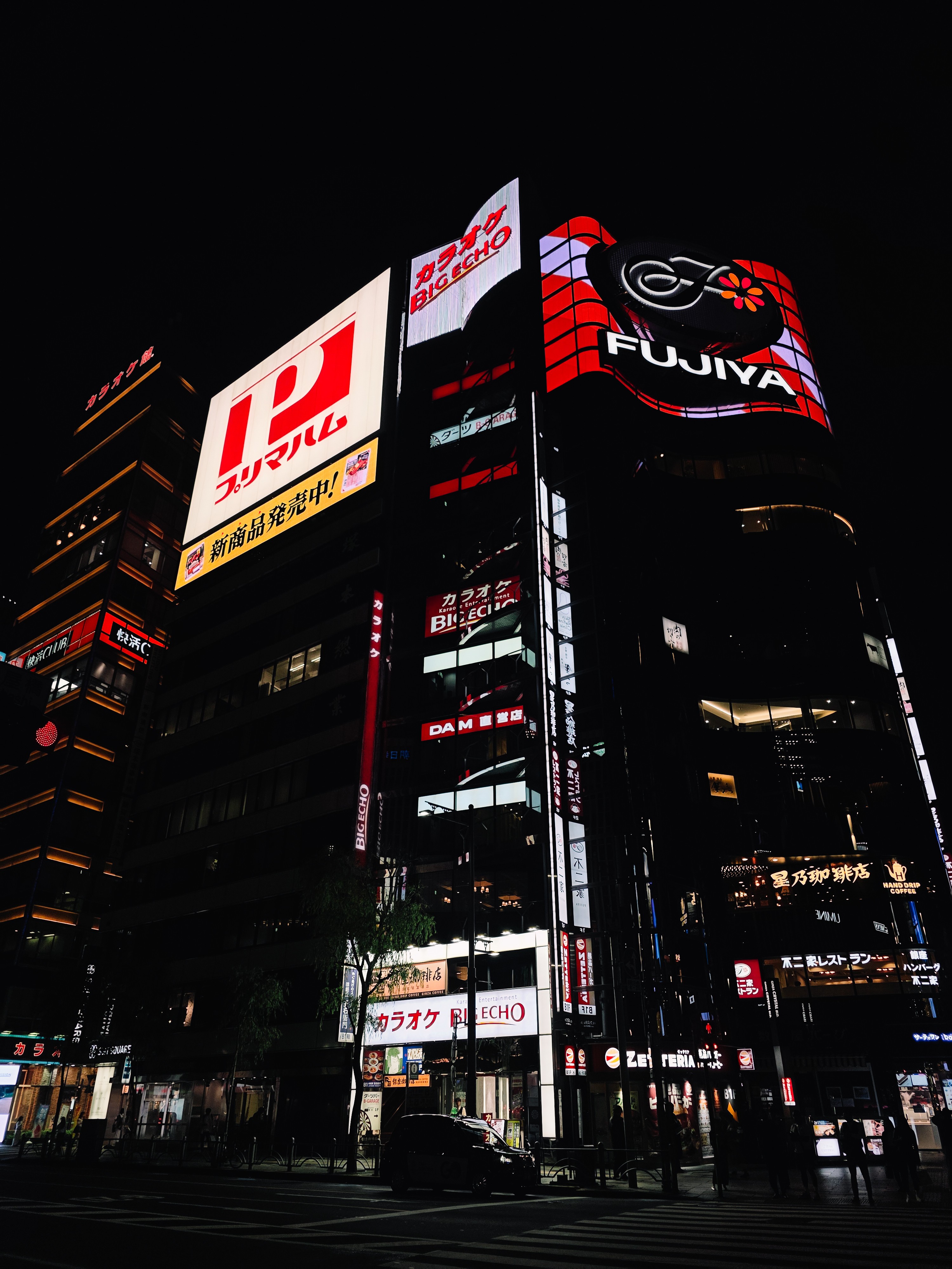 Tokyo street corner at night with red FUJIYA and BIG ECHO neon signs
