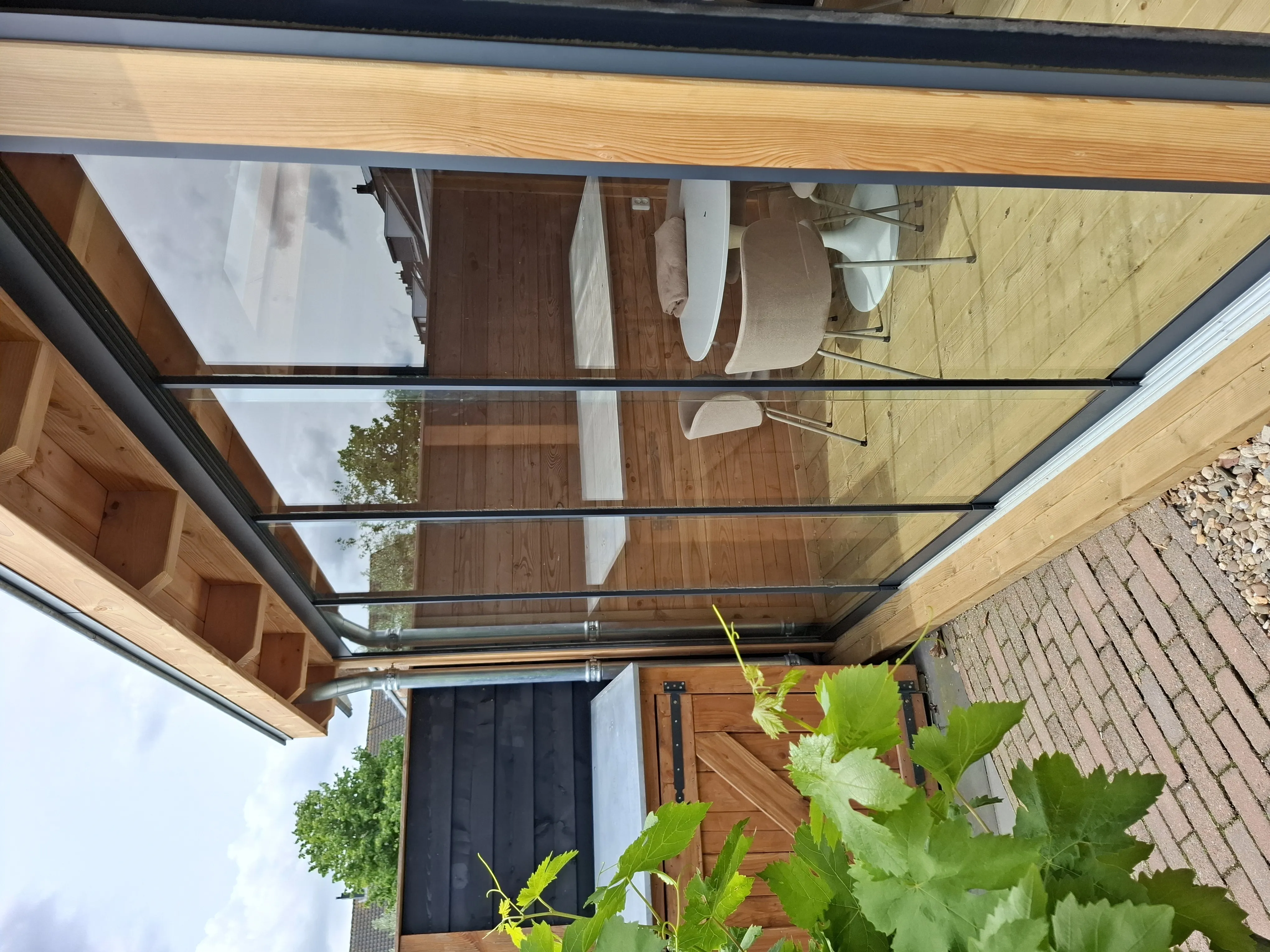 Glazen dak met houten frame en wingerd - Tuinaanleg Zoetermeer