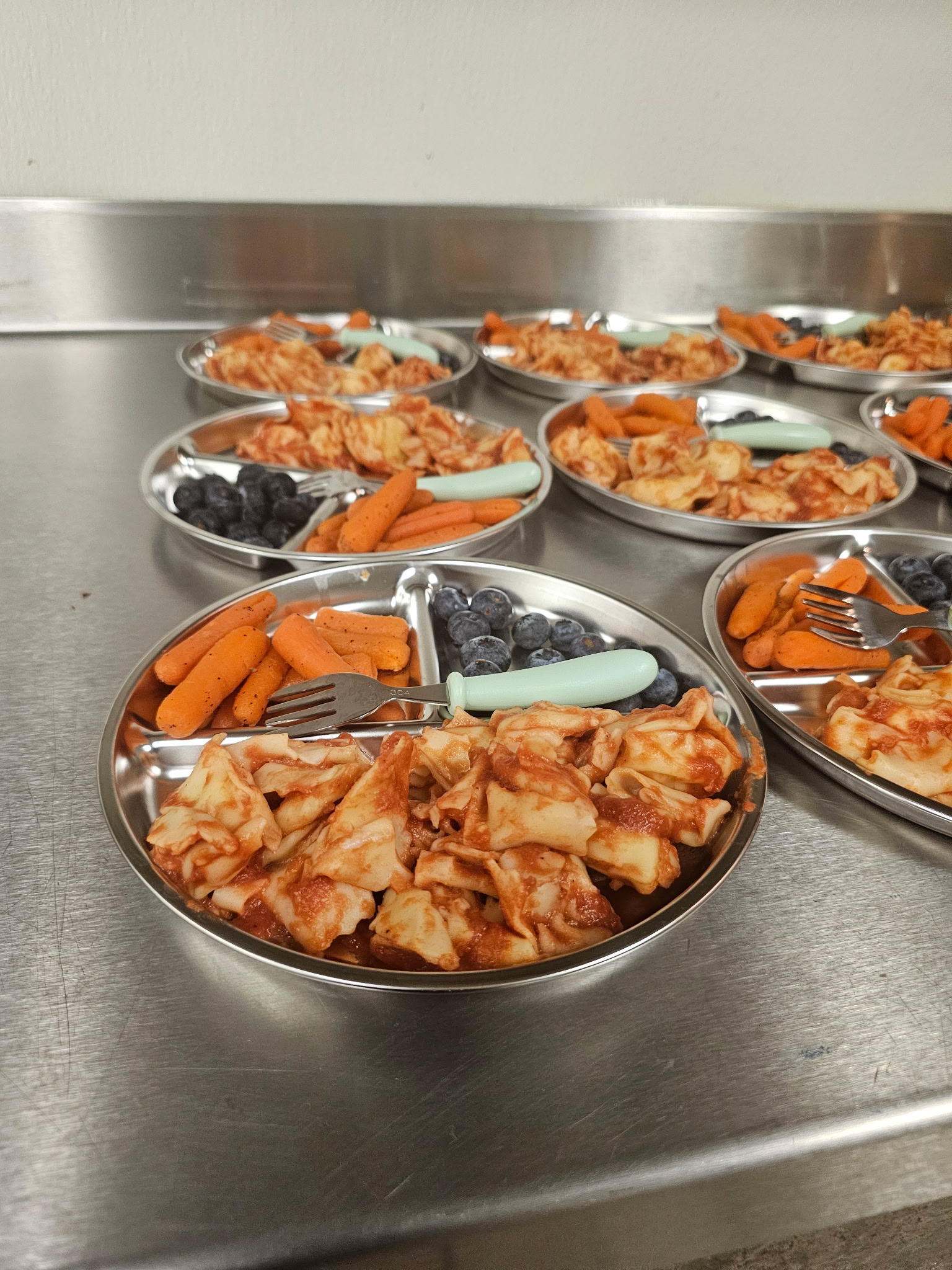 Freshly prepared children meal plates with pasta marinara, tender baby carrots, and blueberries on stainless steel trays