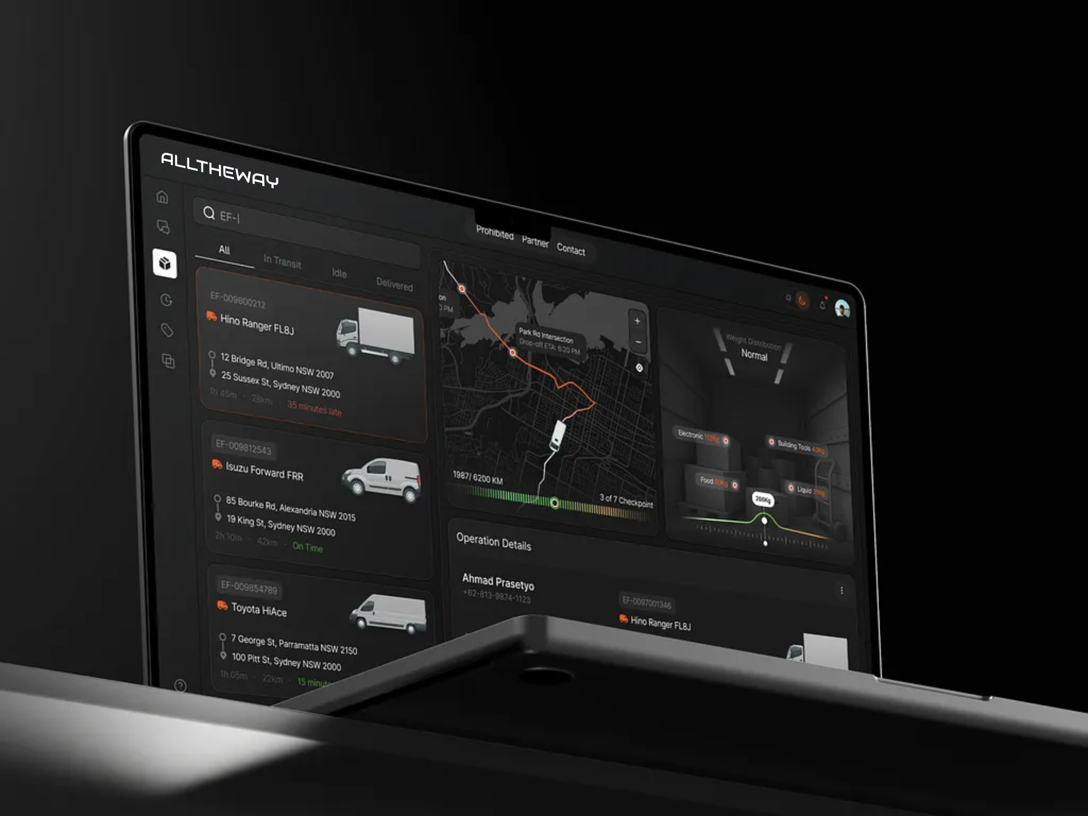 ALLTHEWAY tablet interface with fleet tracking and operations details