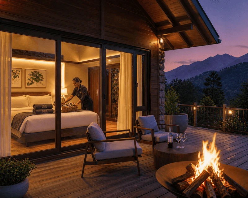 Bedroom with mountain views and firepit on deck