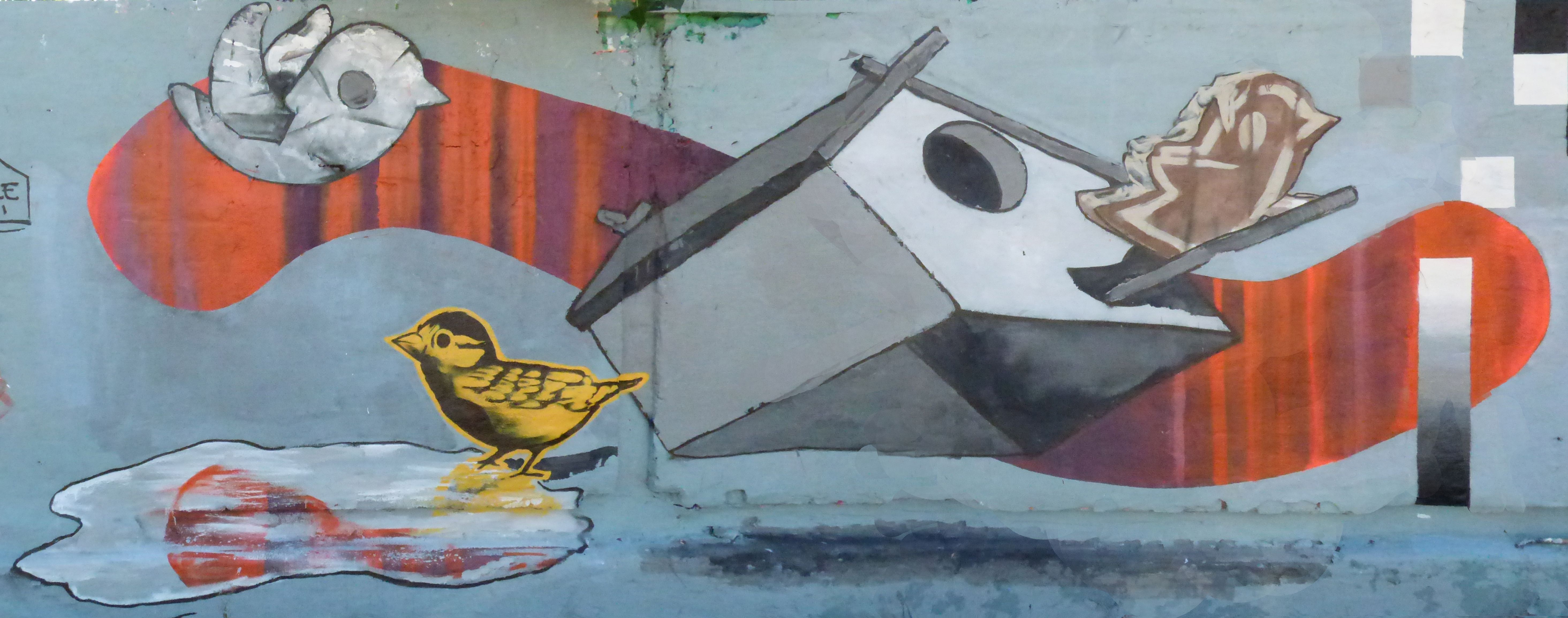 Illustrative Malerei mit Flugzeug, kleinem gelben Vogel und orangefarbenen Formen