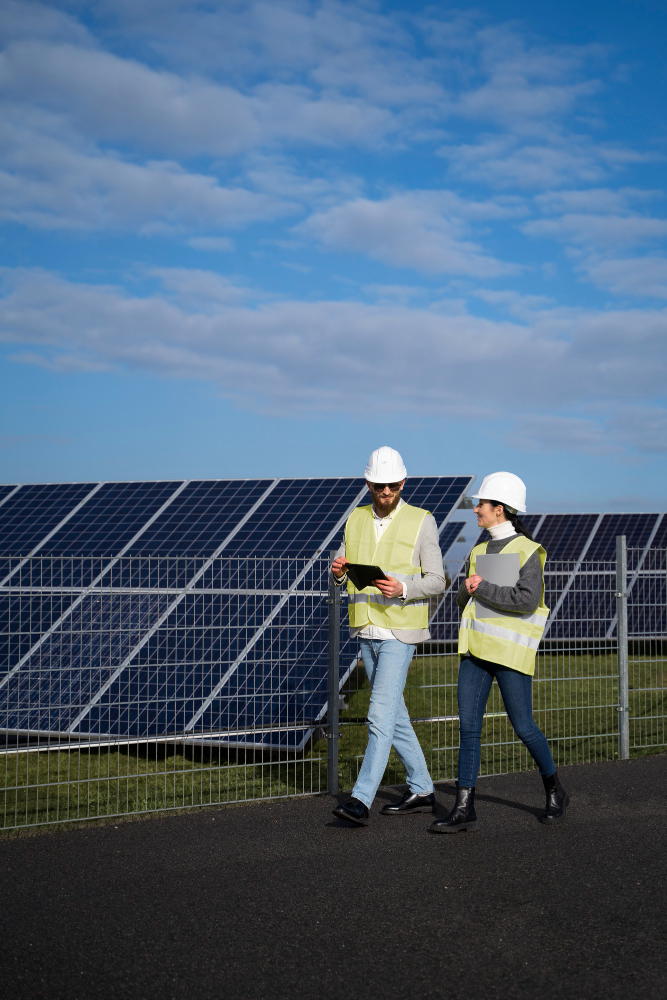 Solar energy professionals inspecting commercial solar installation