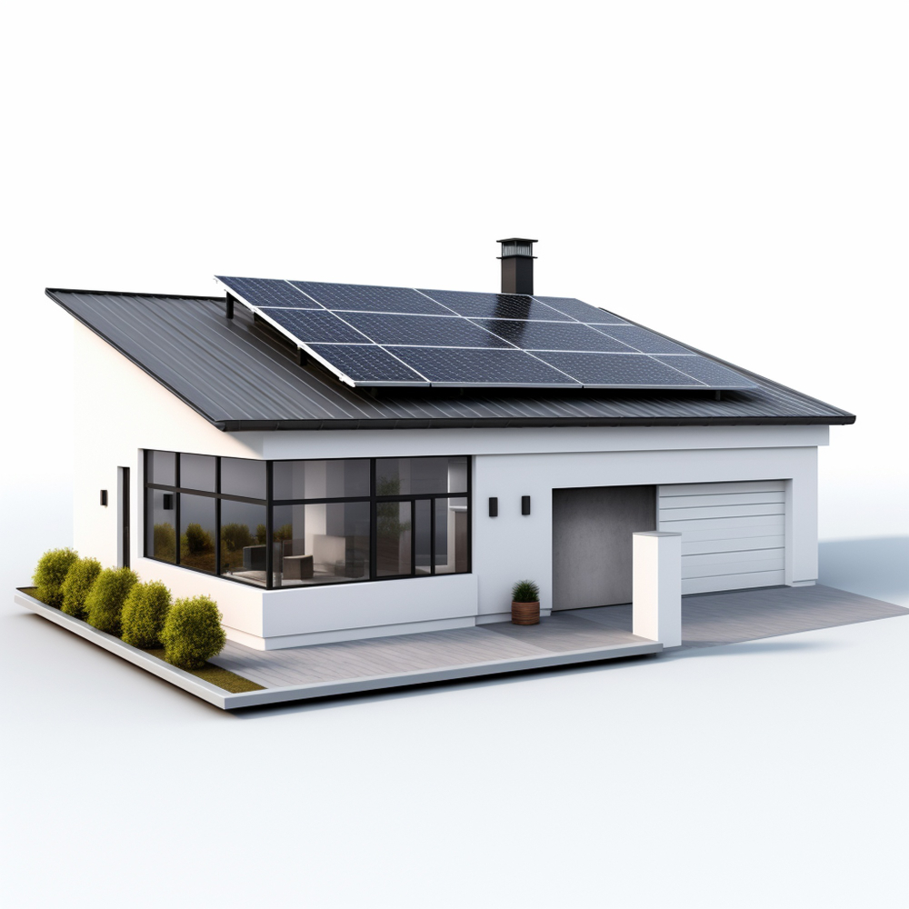 Modern home with solar panels installed on sloped roof