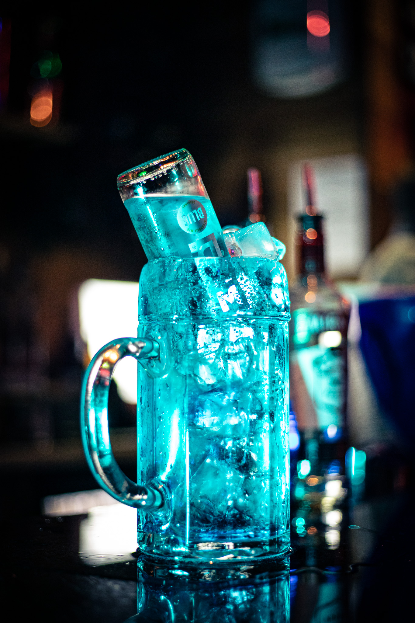 Glowing blue stein cocktail at the bar