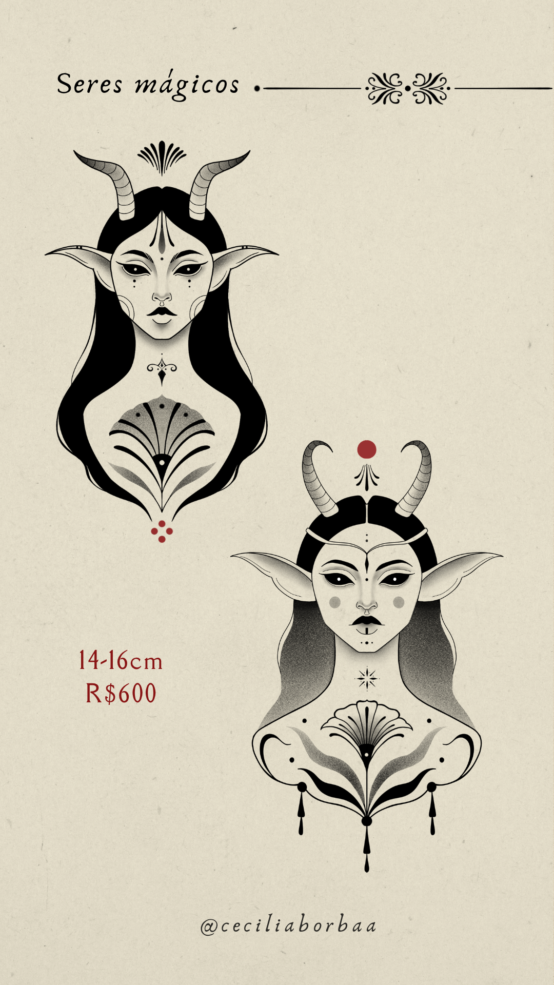 Dois rostos de seres mágicos com chifres e padrões florais — Seres mágicos por Cecília Borba