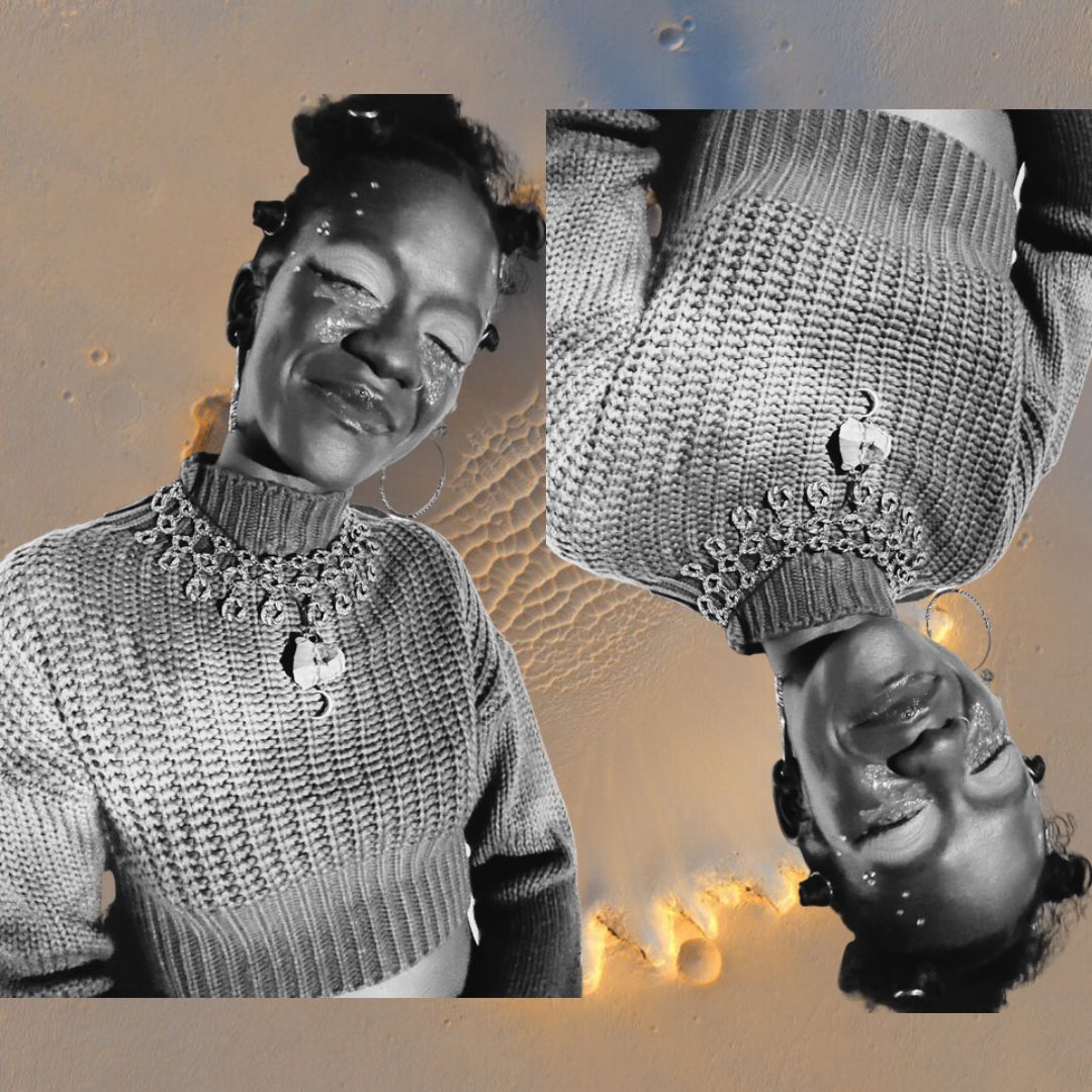 Mars diptych: one pose upright and one inverted on sandy textured background