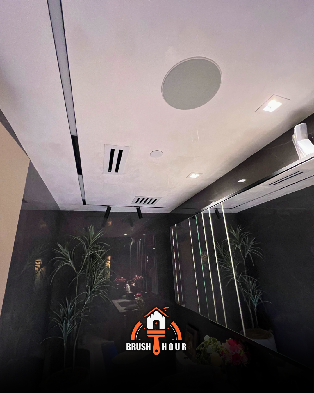 Modern ceiling with plants and dark walls