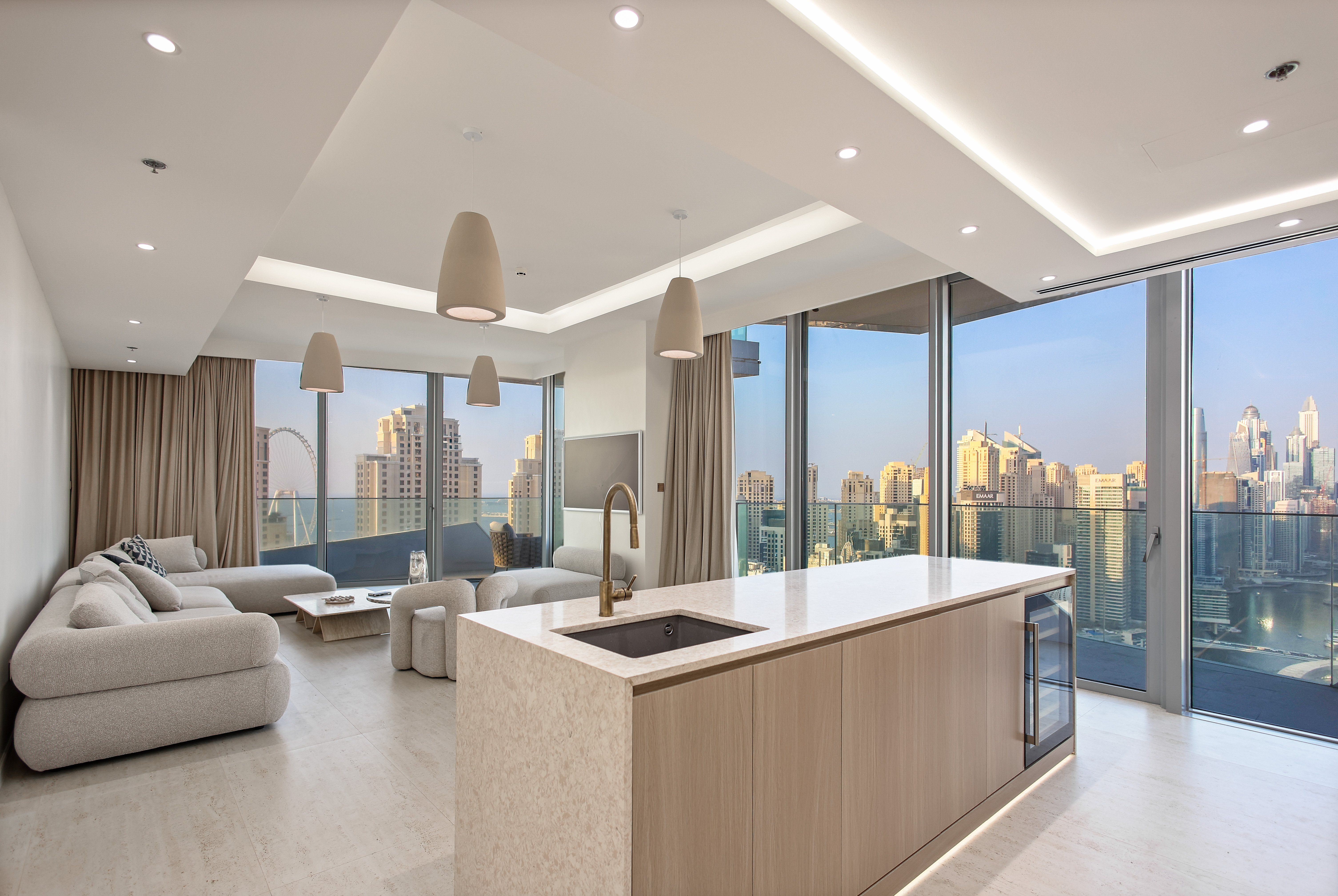 Living room with marina view at sunset