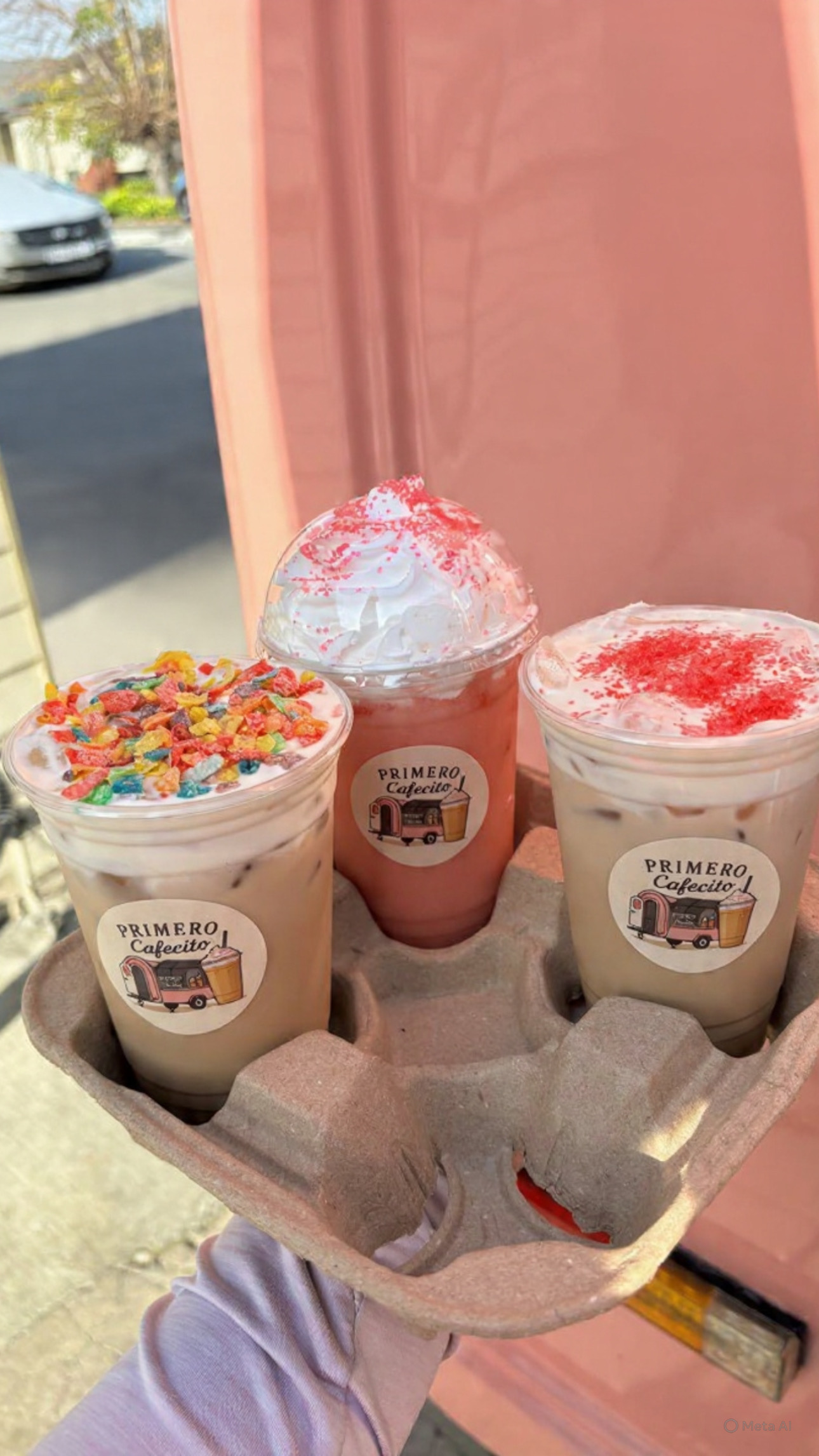 Colorful Primero Cafecito drinks with cereal toppings and whipped cream