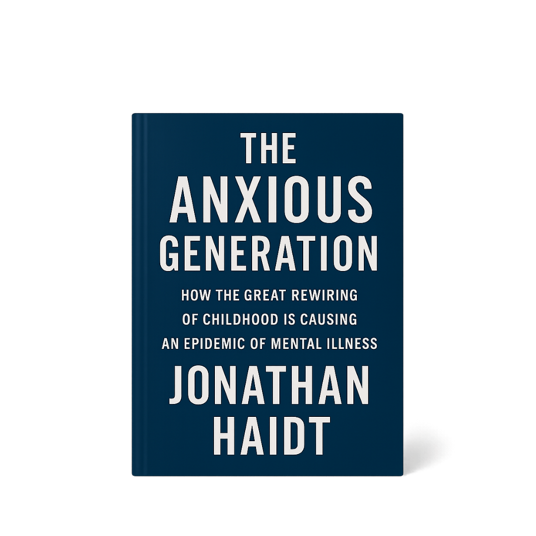 The Anxious Generation hardcover book by Jonathan Haidt with deep navy cover and white serif title