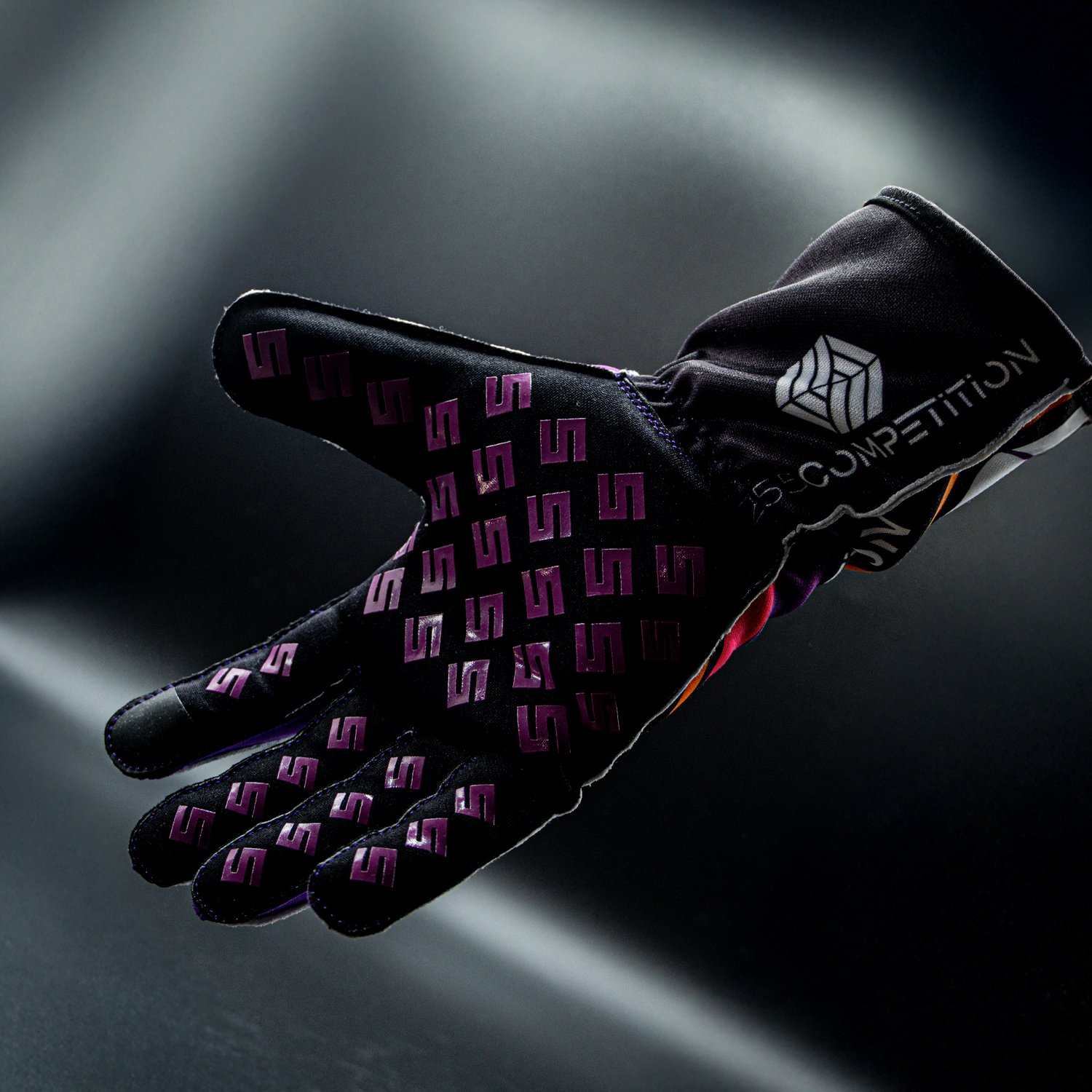 255 Competition custom racing gloves with purple logo pattern