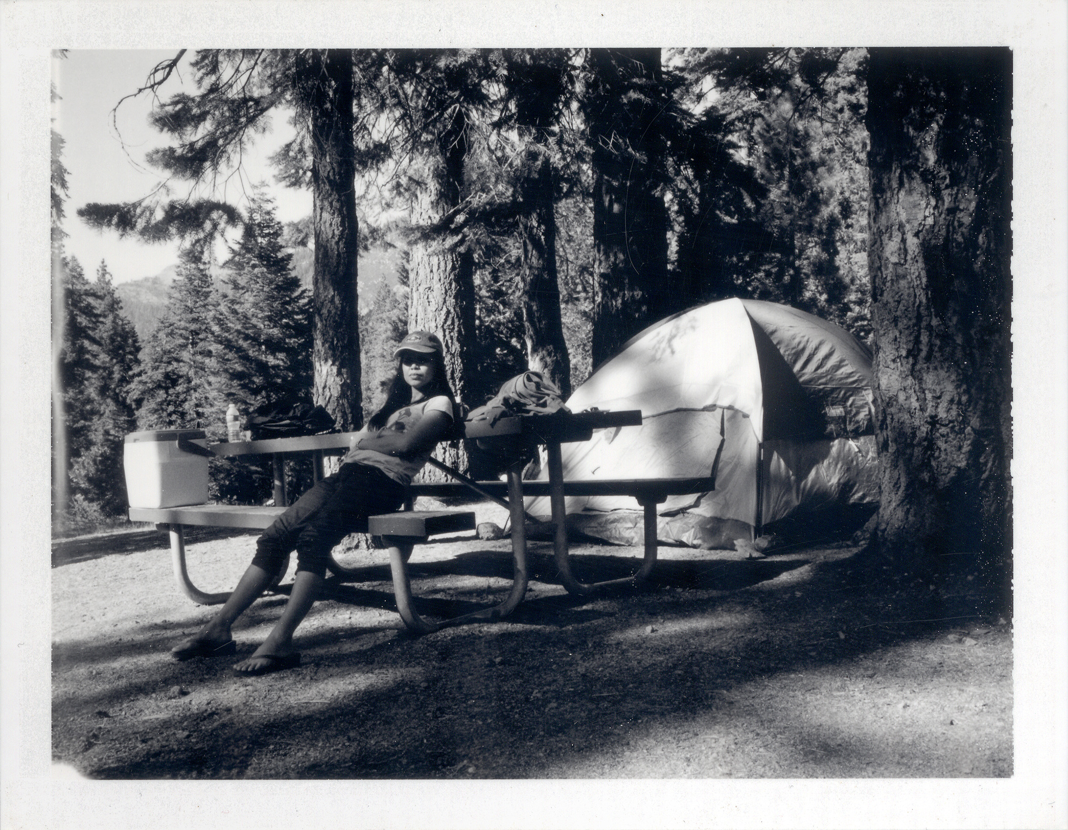 Polaroid of a person relaxing at a campsite picnic table with a tent among tall pine trees