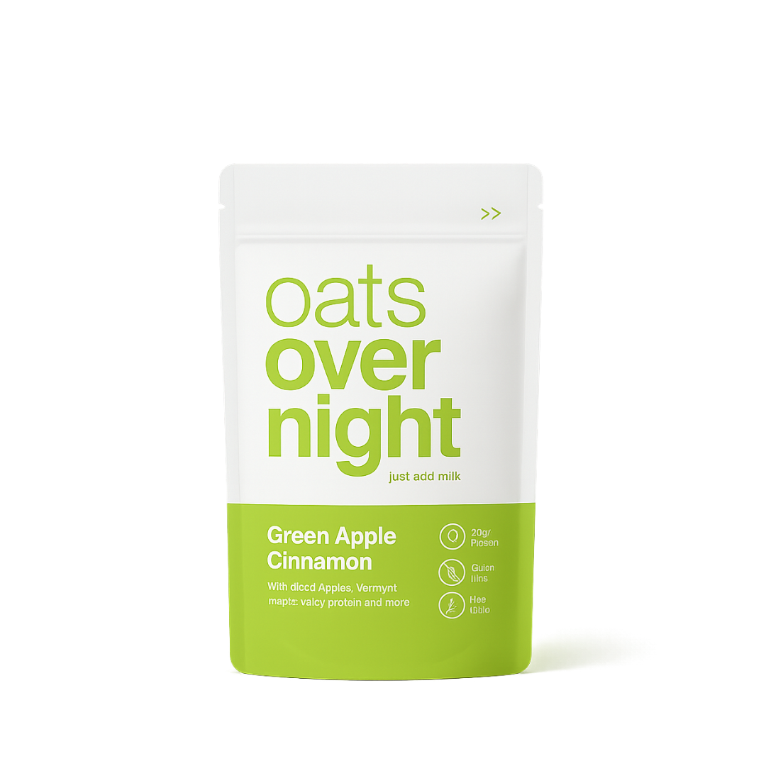 Oats Overnight green apple cinnamon pouch rendered with crisp laminate finish