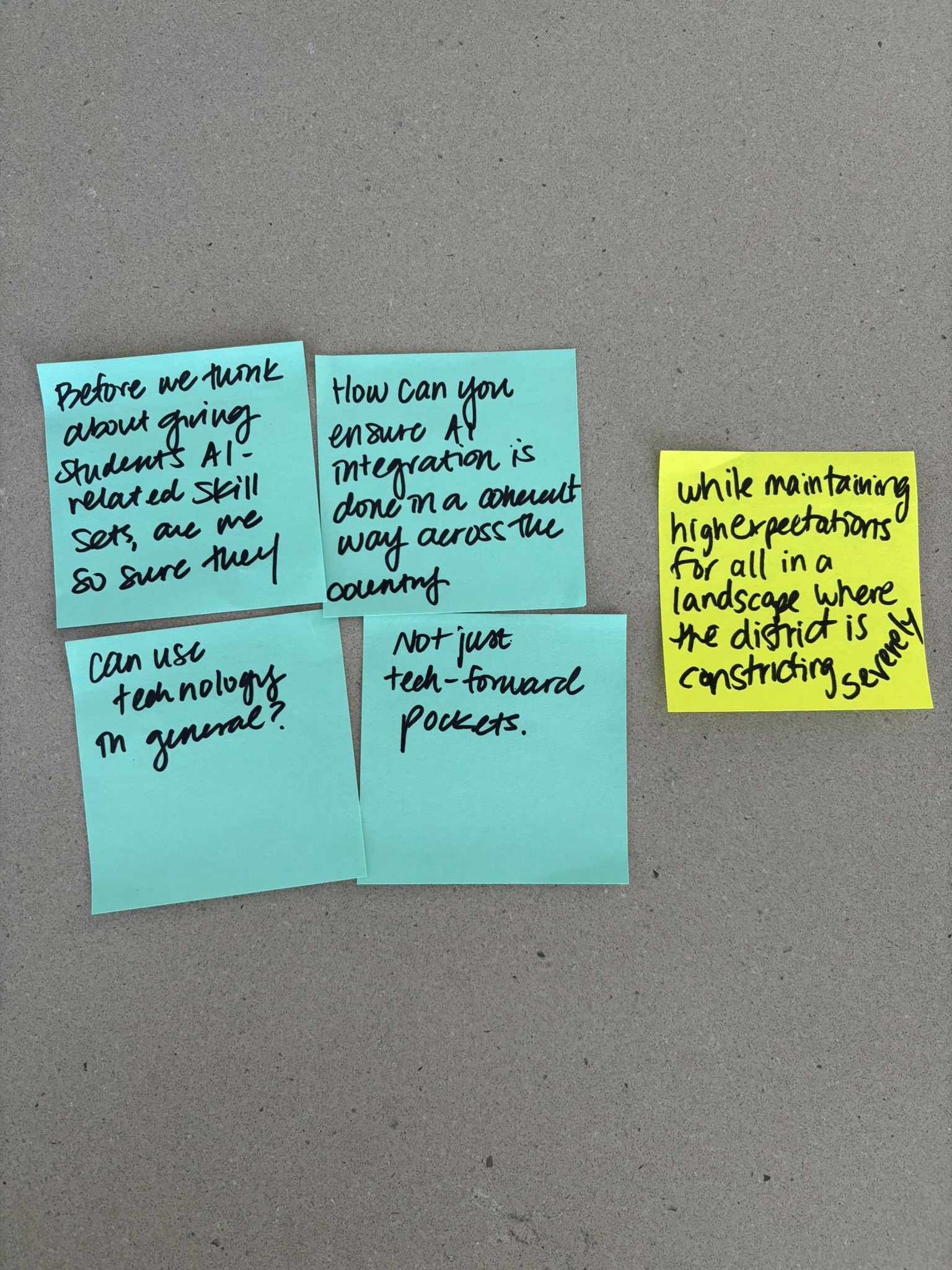Sticky notes with questions about AI integration in education