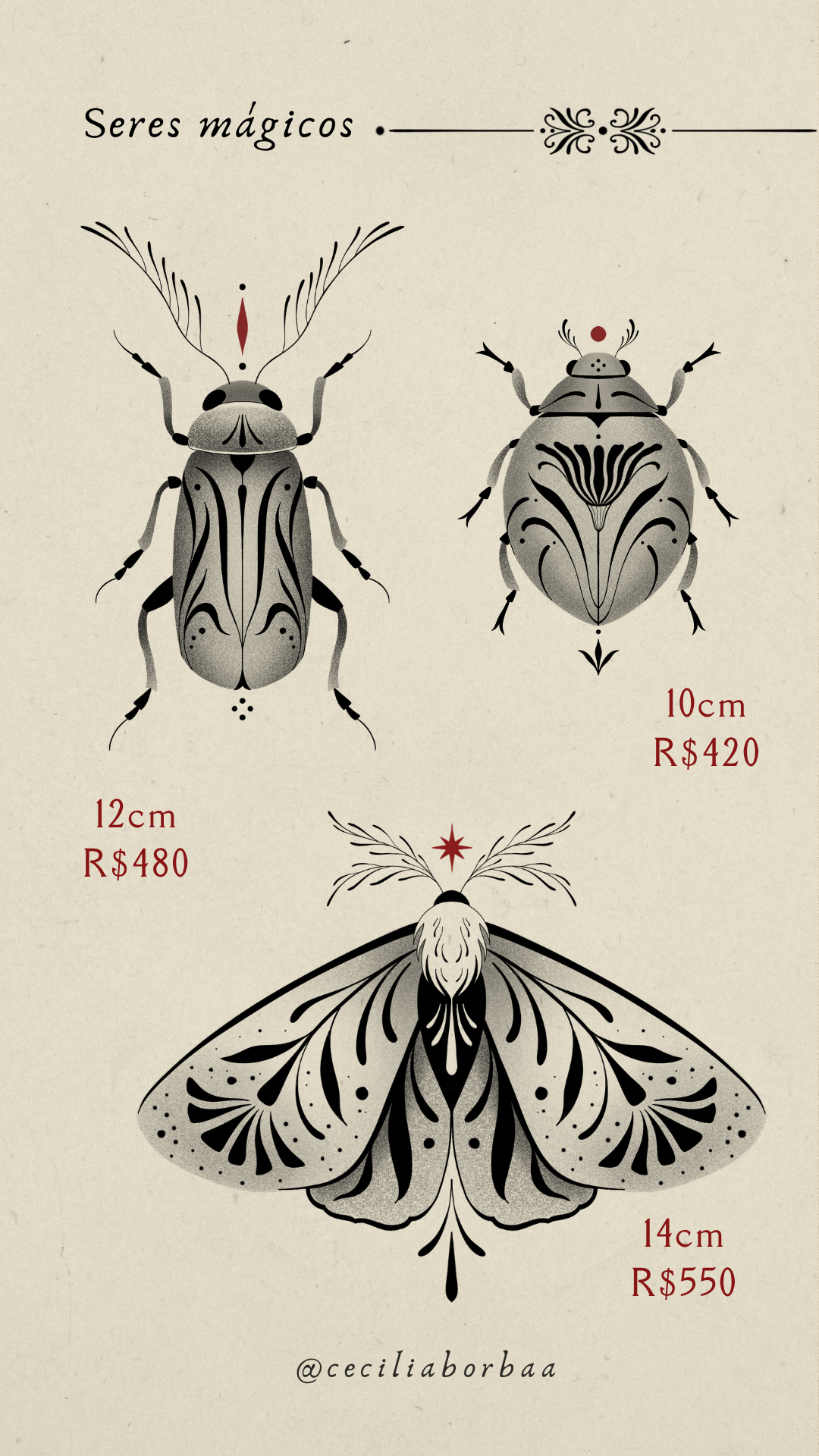 Três criaturas místicas: besouro grande, besouro menor e mariposa — Seres mágicos por Cecília Borba